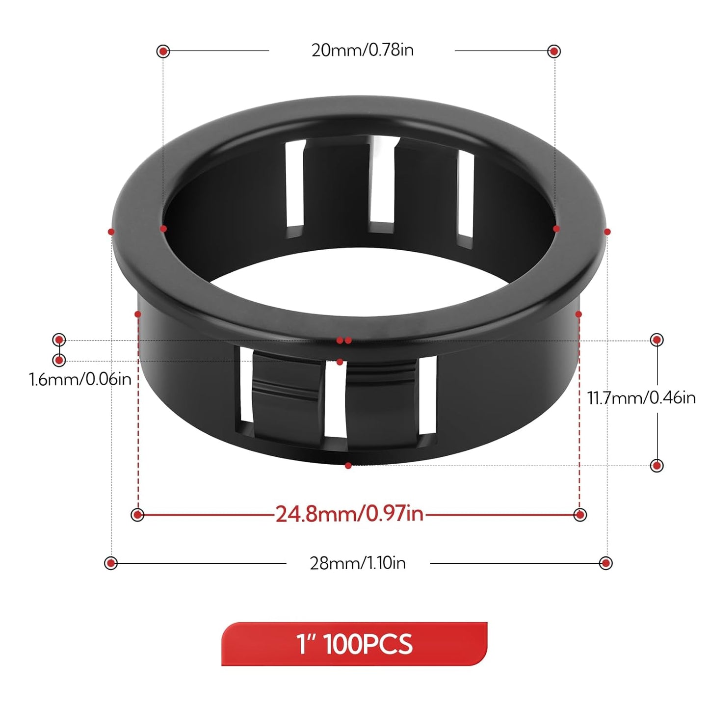 100PCS 1" Black Cable Snap Bushing Grommet, Snap in Cord Bushing Protect Cables