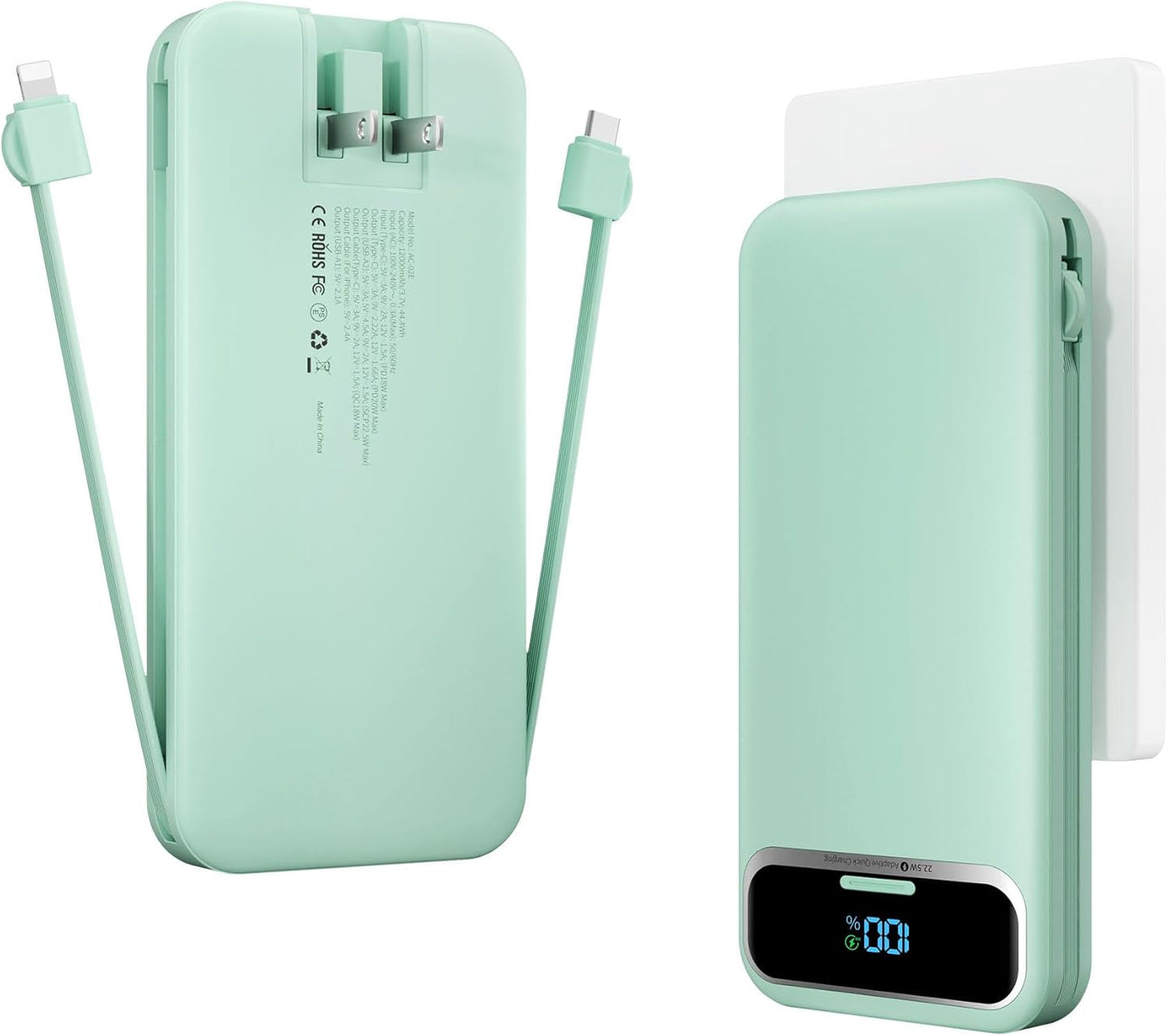 12000mAh Lightweight-Portable-Charger-Power-Bank with Built-in Cables and AC Wall Plug, PD20W USB-C Fast Charging Battery Pack, LED Display External Travel Phone Charger for All iPhone,Samsung,Android