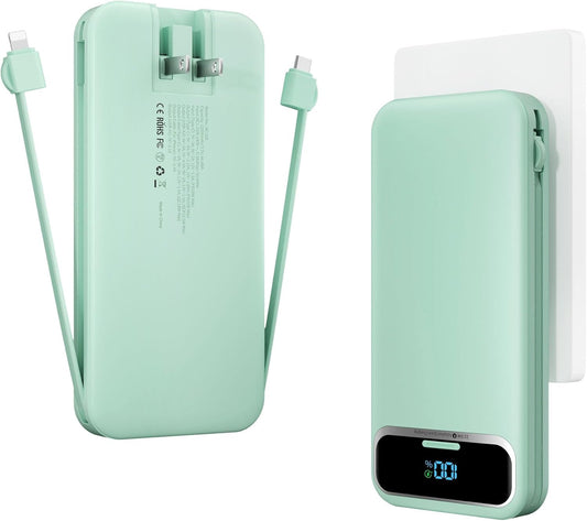 12000mAh Lightweight-Portable-Charger-Power-Bank with Built-in Cables and AC Wall Plug, PD20W USB-C Fast Charging Battery Pack, LED Display External Travel Phone Charger for All iPhone,Samsung,Android