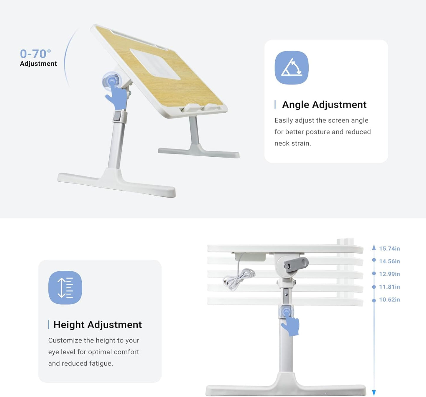 Laptop Lap Desk Include Cooling Fan,Adjustable Lap Desk with Light Fan,Folding Laptop Desk for Bed with USB,Bed Desk with Storage Drawer 56x32cm,White Oak
