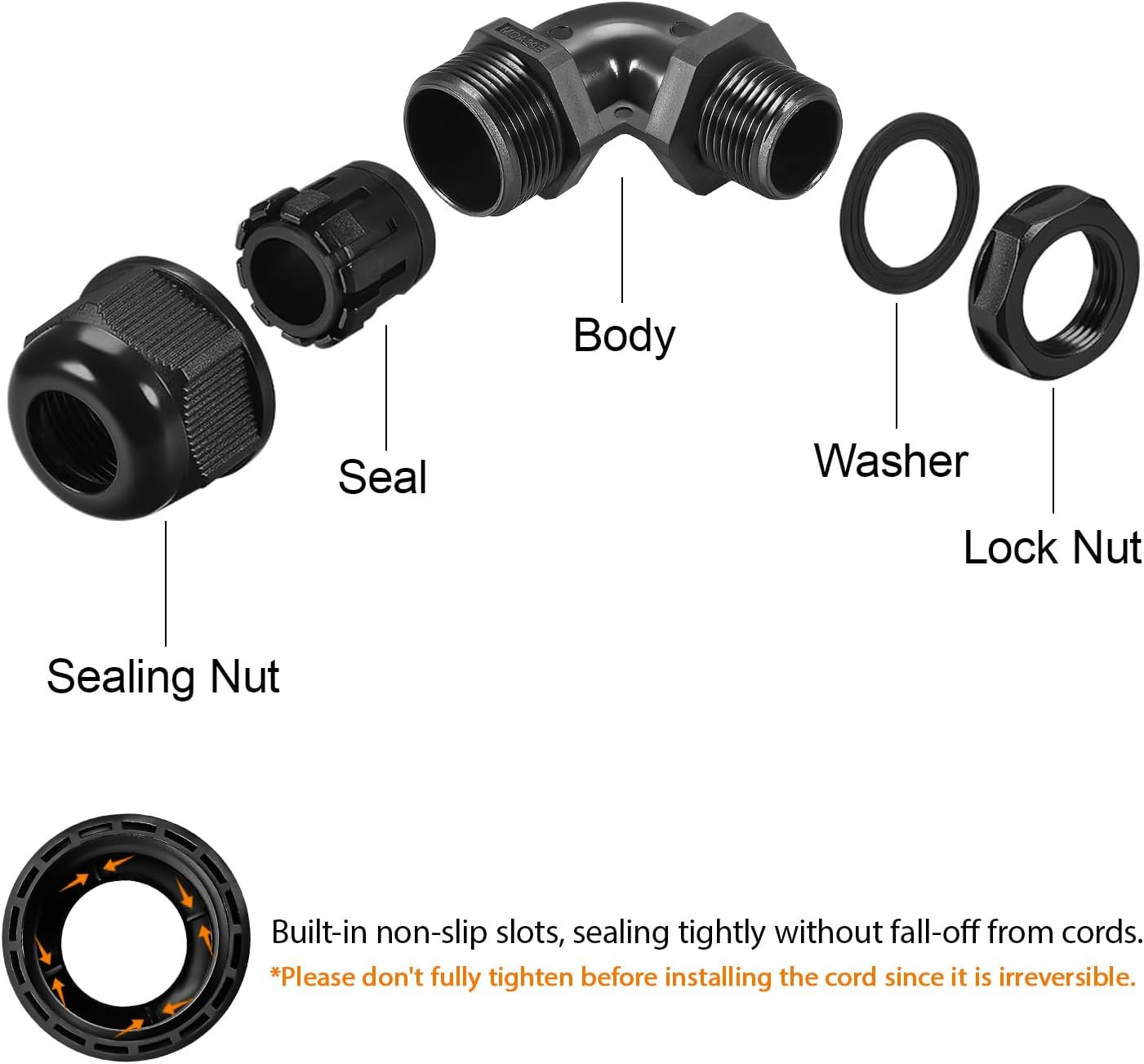 LeMotech M20 Cable Gland, 90 Degree Adjustable 9-14mm Strain Relief, Cord Connectors Nylon Joints with Gaskets, 2 Pcs, Black