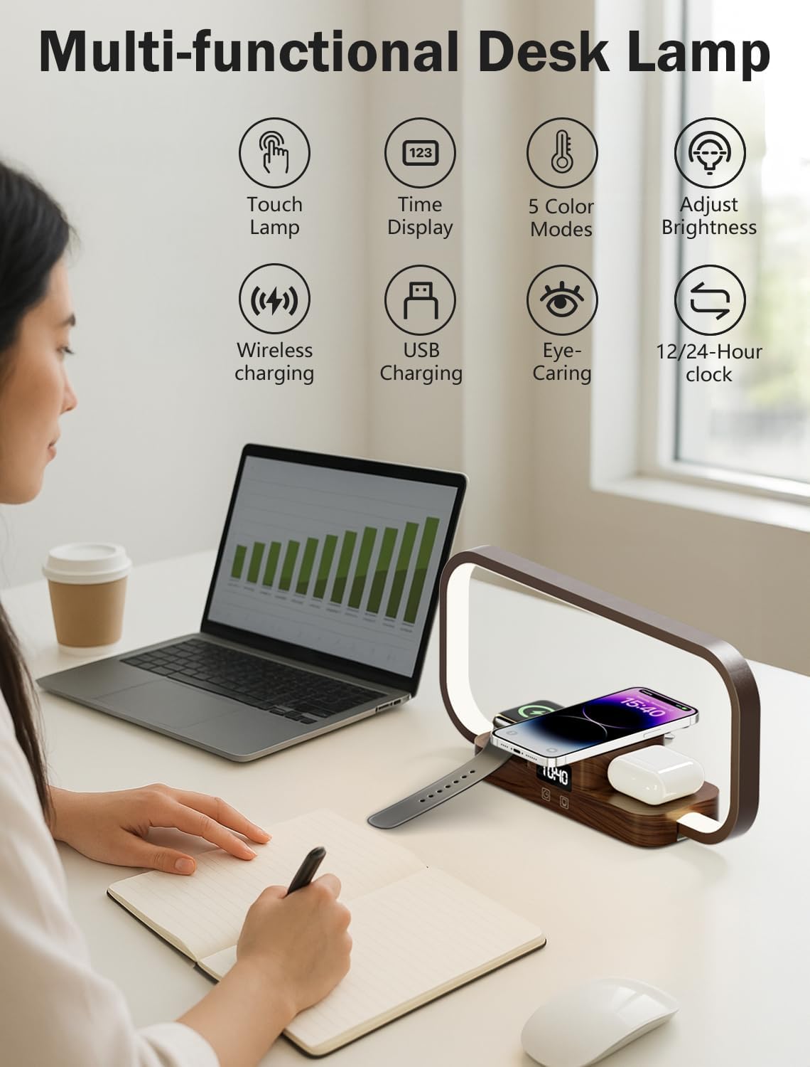 LED Bedside Lamp with Wireless Charger, 3 in 1 Touch Control Bedside Lamp, 5 Color Mode & Dimmable, Desk Lamps with Clock for Nightstand, Table Night Lamp for Bedroom, Gifts for Women, Men, Friends