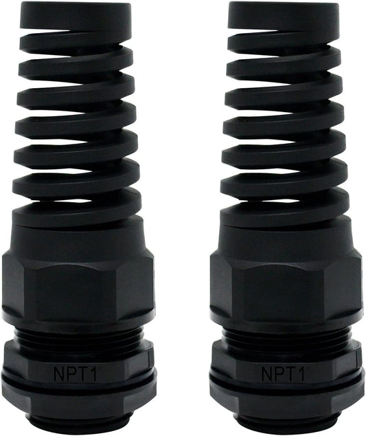LeMotech 2Pcs NPT 1" IP68 Waterproof Cable Gland Flex Spiral Strain Relief Black Nylon Joint with Gaskets for 18-25mm Wire Thread