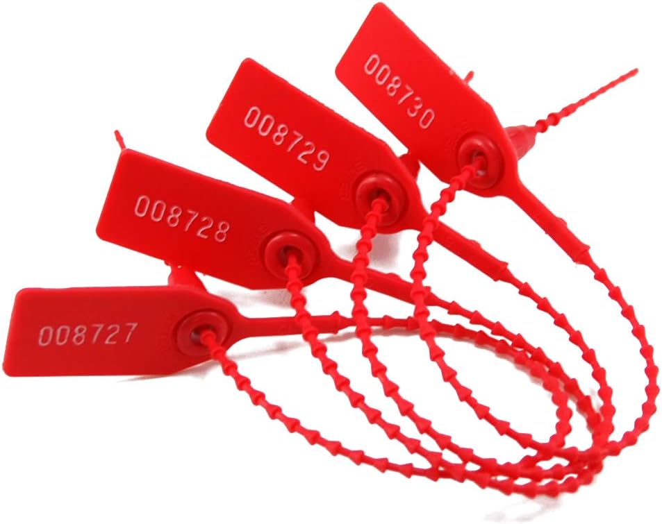 Leadseals(R) 100 Plastic Tamper Seals, Zip Ties for Fire Extinguishers Pull Tite Security Tags Numbered Disposable Self-Locking Tie 250mm Length (Red)