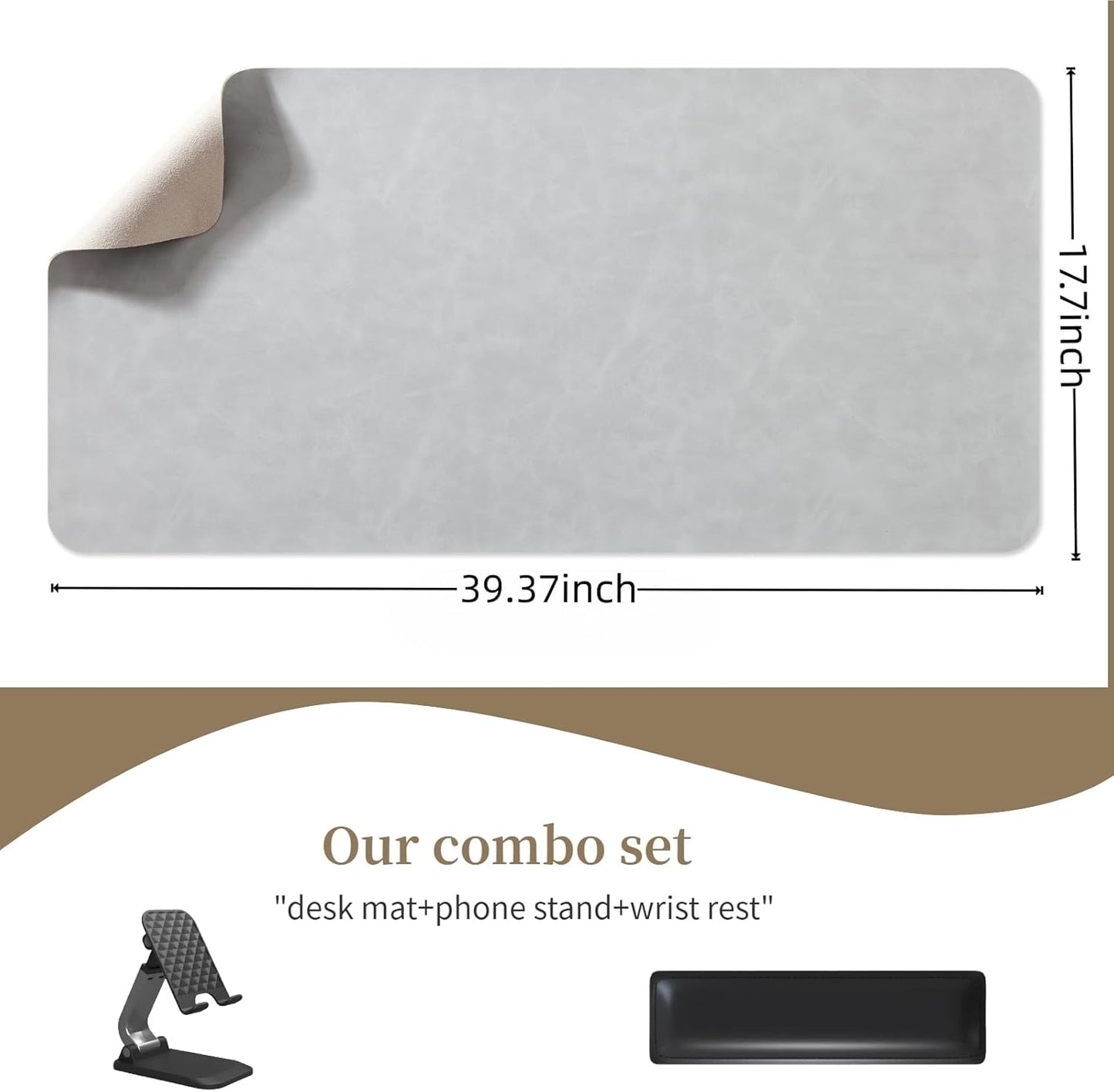 Leather Desk pad for Computer and laptops, Ideal for Gaming and Office use, Large Mouse pad and Keyboard mat,Desk mat for Man. A complimentary Wrist pad and Phone Stand.(Gray-White, 17.7" x 39.37)