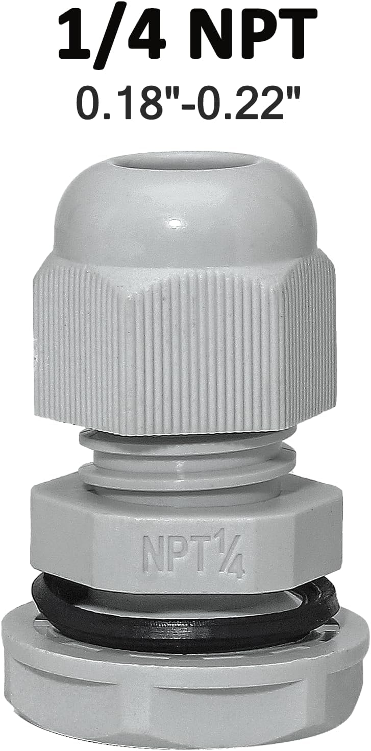 10 Pcs 1/4" NPT Nylon Cable Glands, IP68 Waterproof Adjustable Cord Grip Cable Connector Strain Relief Wire Protectors for 4-6mm Cable Diameter, Grey