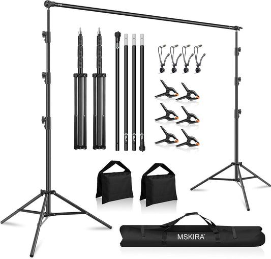 10.2x10Ft Heavy Duty Backdrop Stand, MSKIRA Adjustable Backdrop Support System Kit, Photoshoot Background Stand for Parties, Advertising Display with 6 Clamps, 4 Clips, 2 Sandbags, Carry Bag