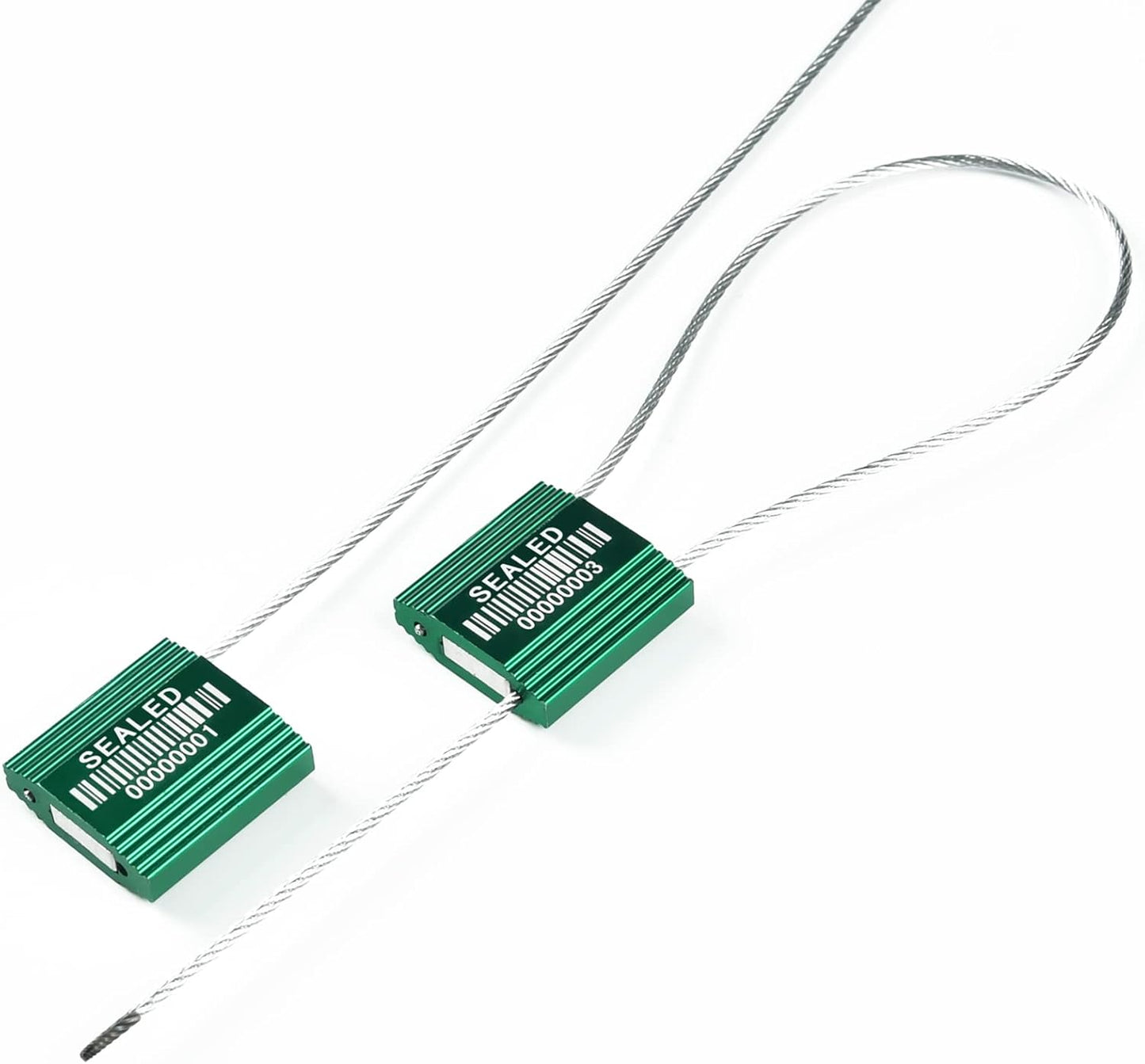 100 Green Steel Cable Seals With Barcode - High Security Numbered Truck Anti-Tamper Pull Tite Tags - Metal Container Shipping Self-Locking Safety Ties ISO 17712