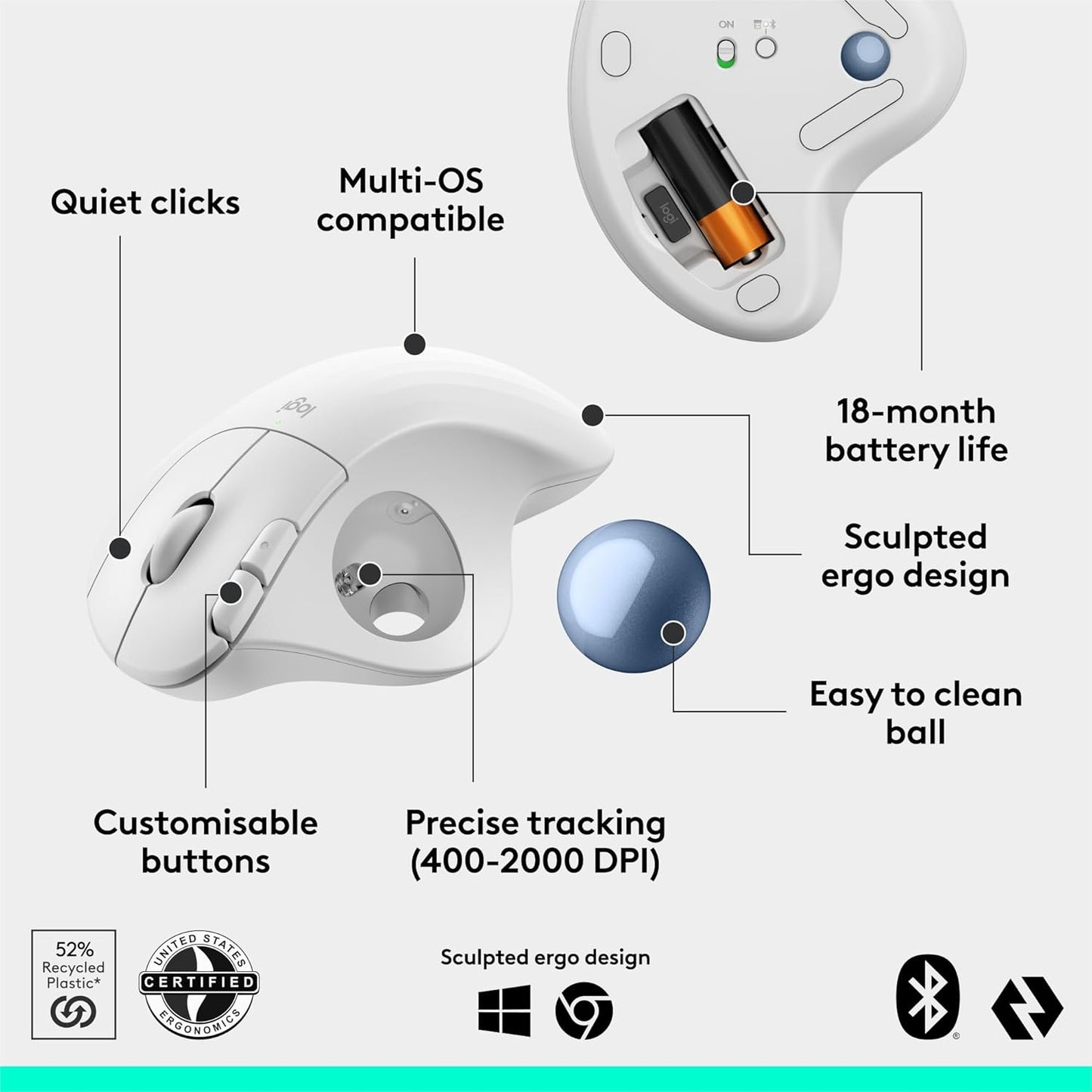 Logitech Ergo M575S Wireless Trackball Mouse, Wireless Ergonomic Mouse with Bluetooth and Encrypted Dongle, Comfortable Thumb Control, Precise and Smooth Tracking, for PC/Mac - Off-White Blue Ball