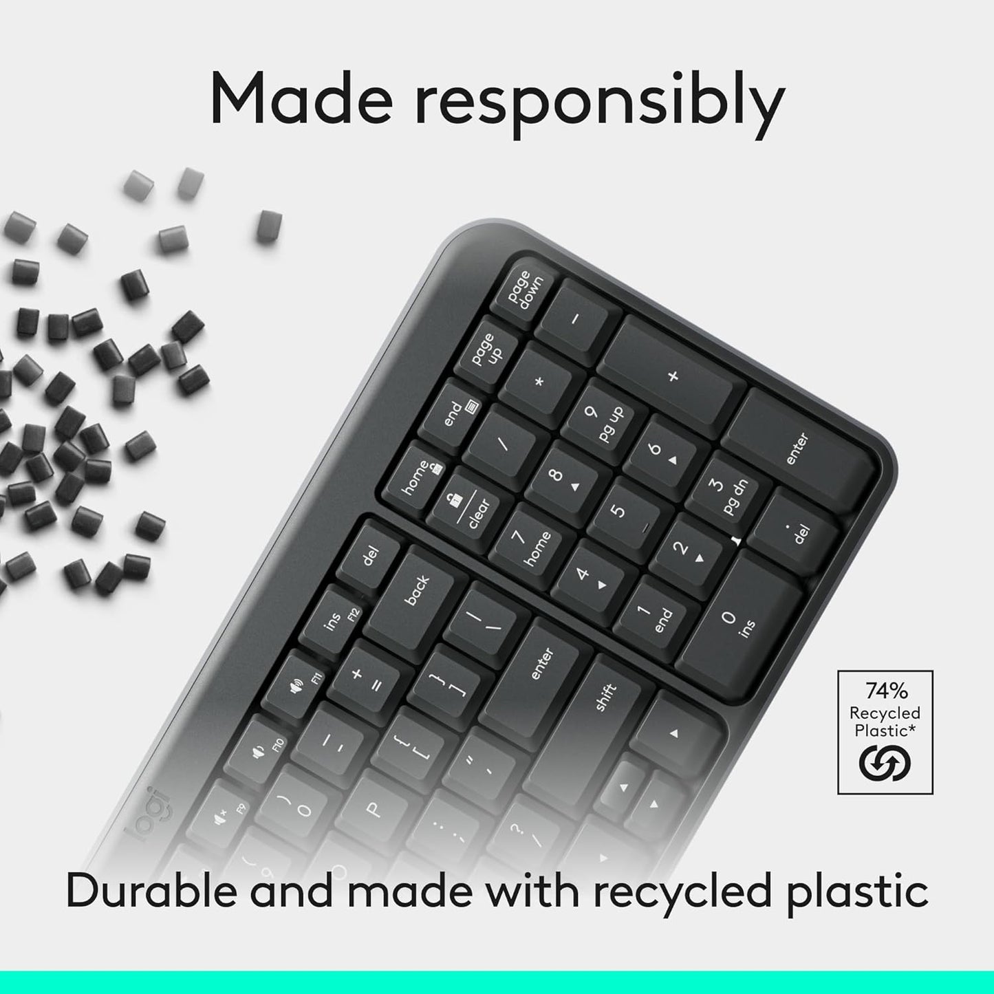 Logitech K250 Bluetooth Keyboard with Numpad, Easy Connectivity, Compact Wireless Keyboard Made with Recycled Plastic, Spill-Resistant, Comfortable Keys - Windows/MacOS - Graphite