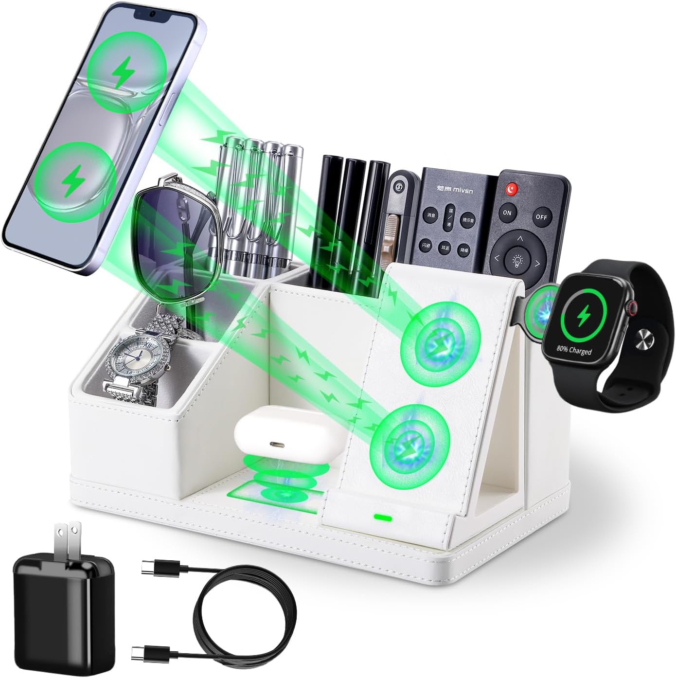 Leather Pen Organizer, Multi-Functional Pencil Holder for Desk, Desk Organizers and Accessories for Office Art Supplies,desk organizer with phone stand/charger,Birthday Gifts for Women/Men