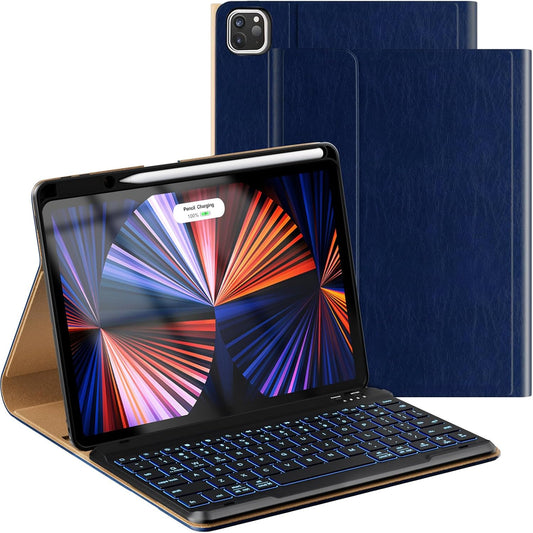 Leather Keyboard Case for iPad Air 5th 4th Generation 10.9 inch Pro 11 1st/2nd/3rd/4th, 7 Color Backlight BT Keyboard Folio with Pencil Holder 2022 2021 2020 2018 (NavyBlue)