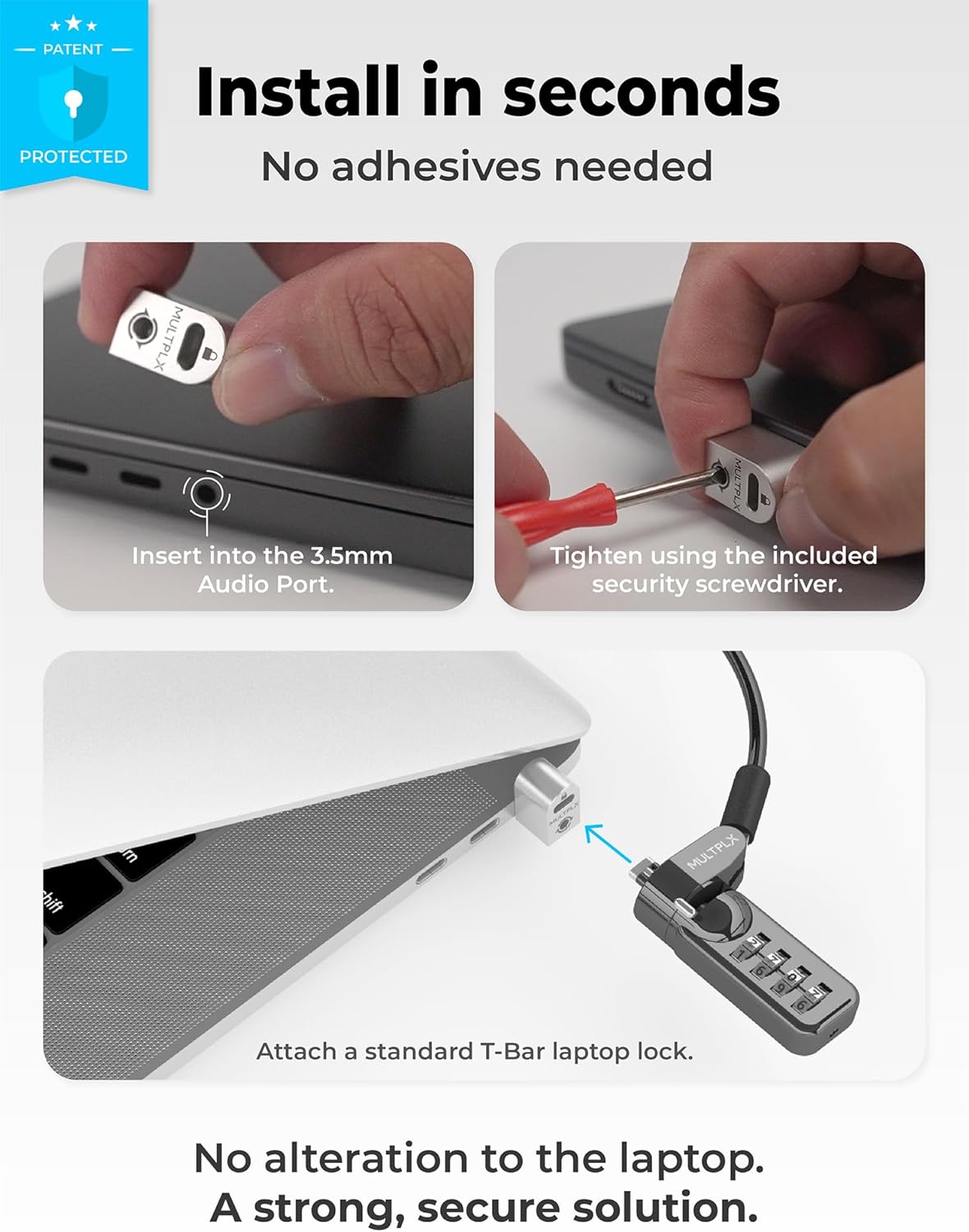 Laptop Lock Adapter for Kensington Lock | Adds Security Slot To Any Laptop inc MacBook | Use With Standard T-Bar Cable Locks | No Adhesive Needed