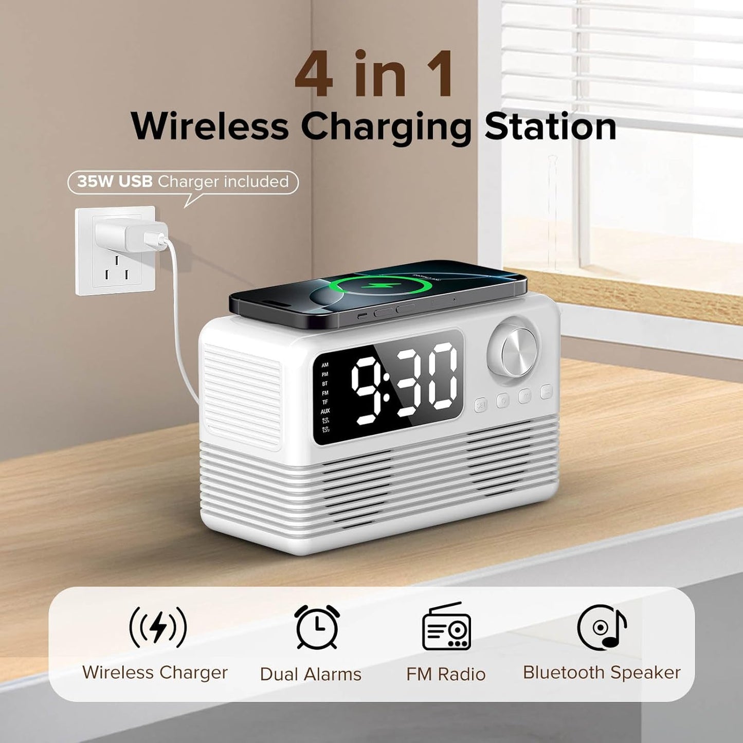 15W Fast Wireless Charger with Bluetooth Speaker and Alarm Clock Radio,4 in1 Wireless Charging Station for iPhone,Android Phones with FM Radio for Bedroom
