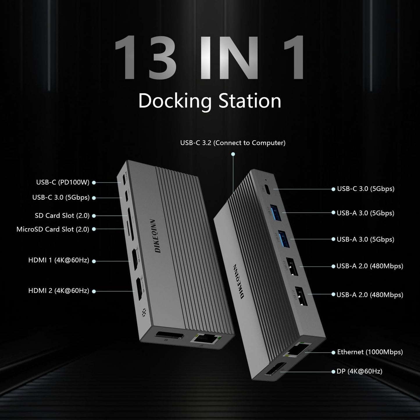 13-in-1 USB C Docking Station: Triple 4K Display, 100W Power Delivery, 5Gbps Data Ports, SD/MicroSD Slot - for Dell XPS, HP Laptops & ThinkPad