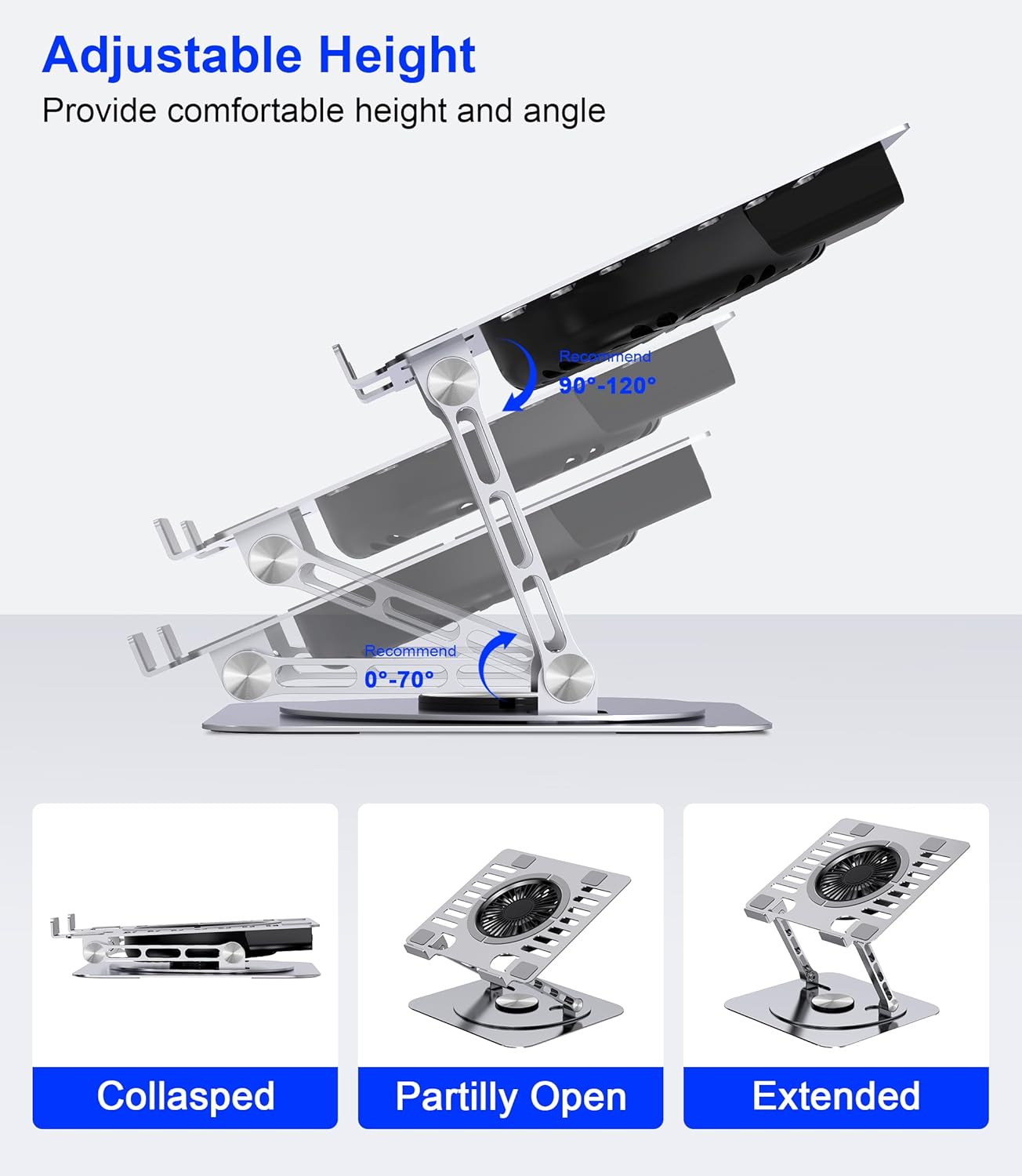 Laptop Stand,with 360°Rotating Base,External Cooling Fan,Adjustable RGB Lighting,Ergonomic Foldable Notebook Computer Holder.Compatible with All 10-17" Laptops Tablets,Silver