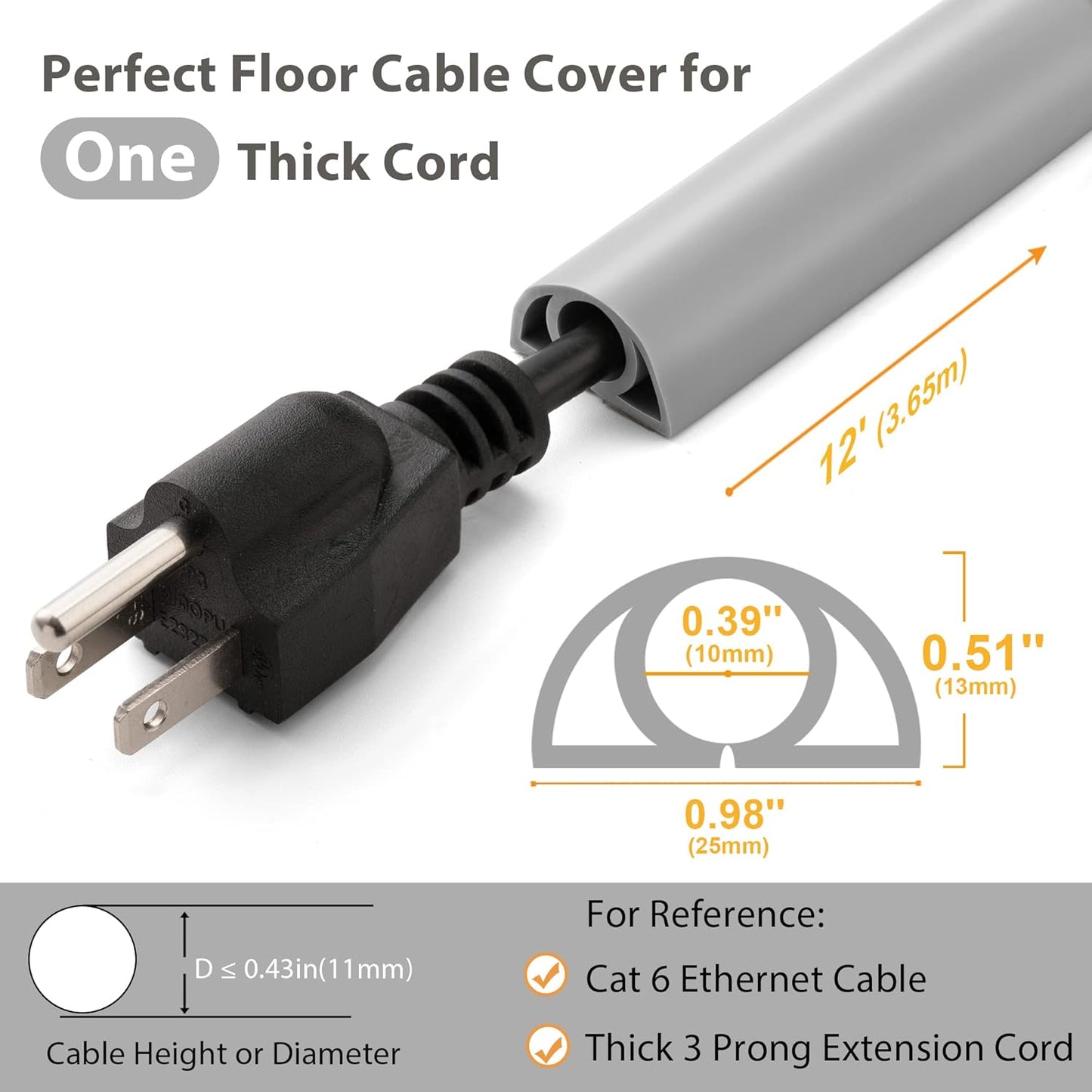 12ft Cord Cover Floor for Extension Cords, Self-Adhesive Floor Cable Cover to Protect Cables & Prevent Tripping, PVC Cord Hider Protector, Internal Wire Management Channel Diameter: 0.39", Grey