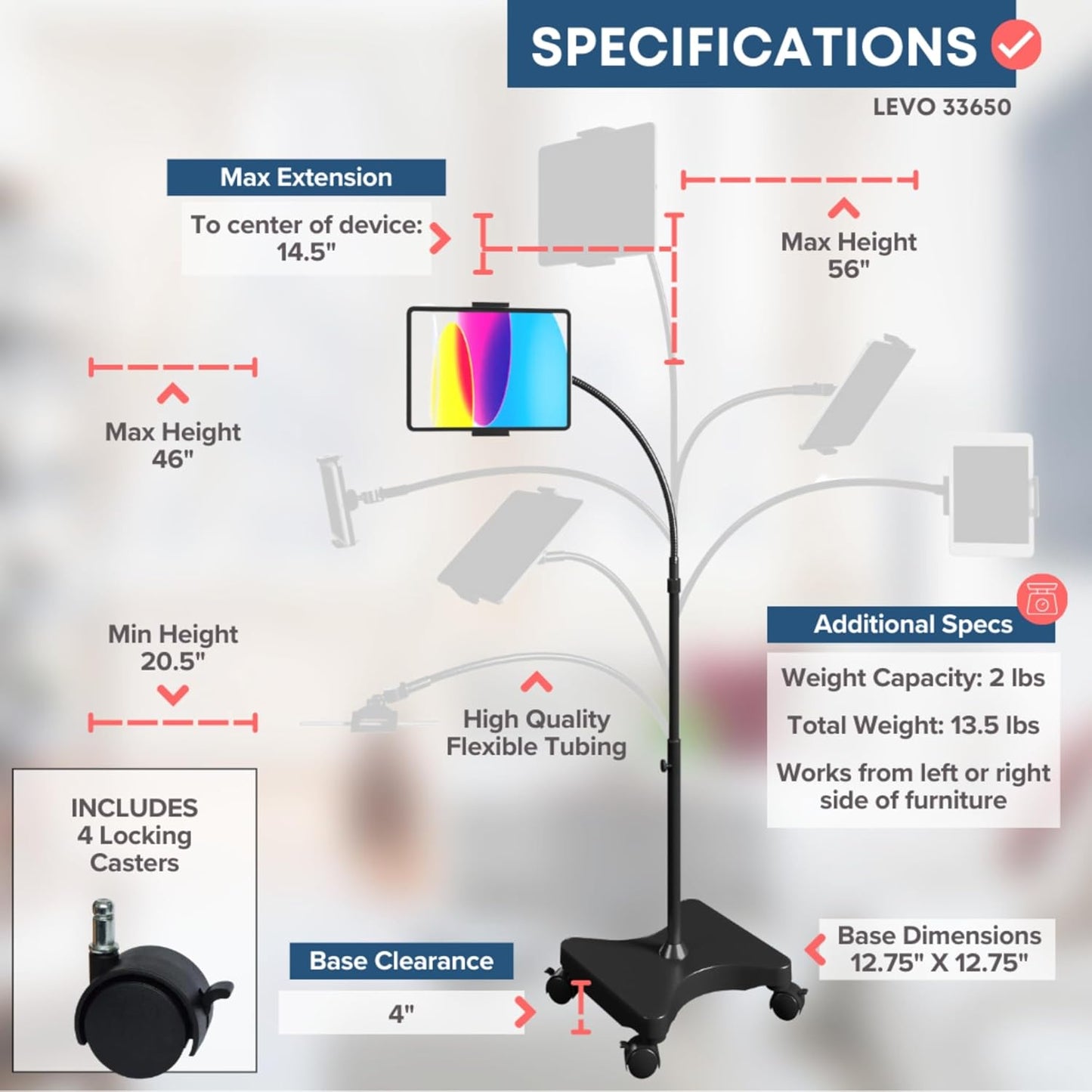 LEVO Adjustable Height Floor Stand on Wheels - Black with Casters - Tablet & Phone Holder with Gooseneck Mount, Stable Base - Compatible with All Cell Phones & Tablets (4-13 inch)