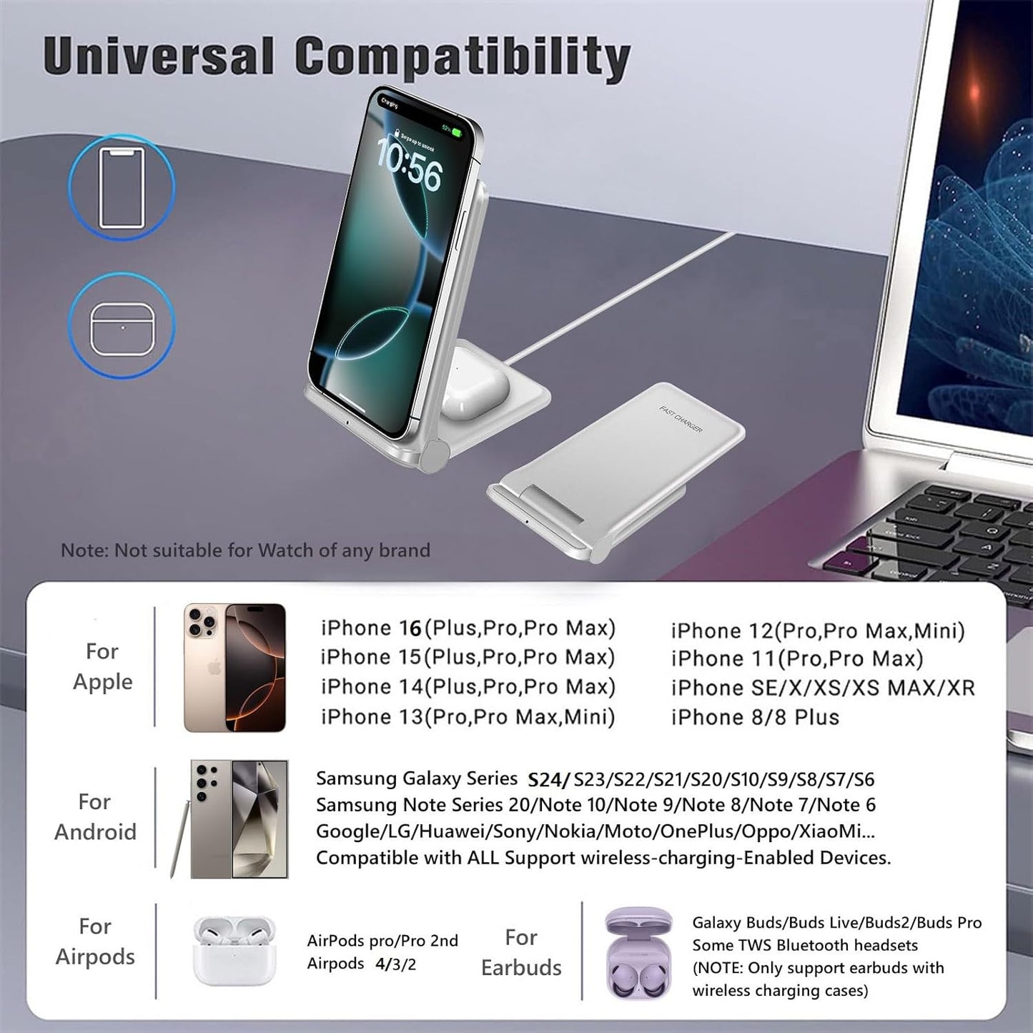 2 in 1 Wireless Charger,Foldable 20W Fast Wireless Charging Stand Compatible with iPhone 16/16 Pro/15/14/13/12/X/AirPods,Dual Phone Induction Charge Station for Samsung,Pixel,Xperia,LG(No Plug)