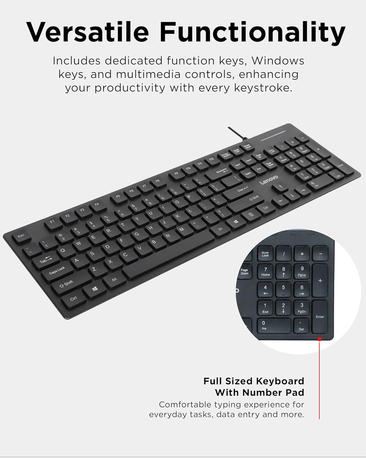 Lenovo 305 Wired USB-C Keyboard with Numeric Keypad, Full Size Keyboard, Slim Design, Black, USB-C Connectivity, Dedicated Function & AI Keys, for Gaming PC, Laptop, Desktop, Tablet, Home Office
