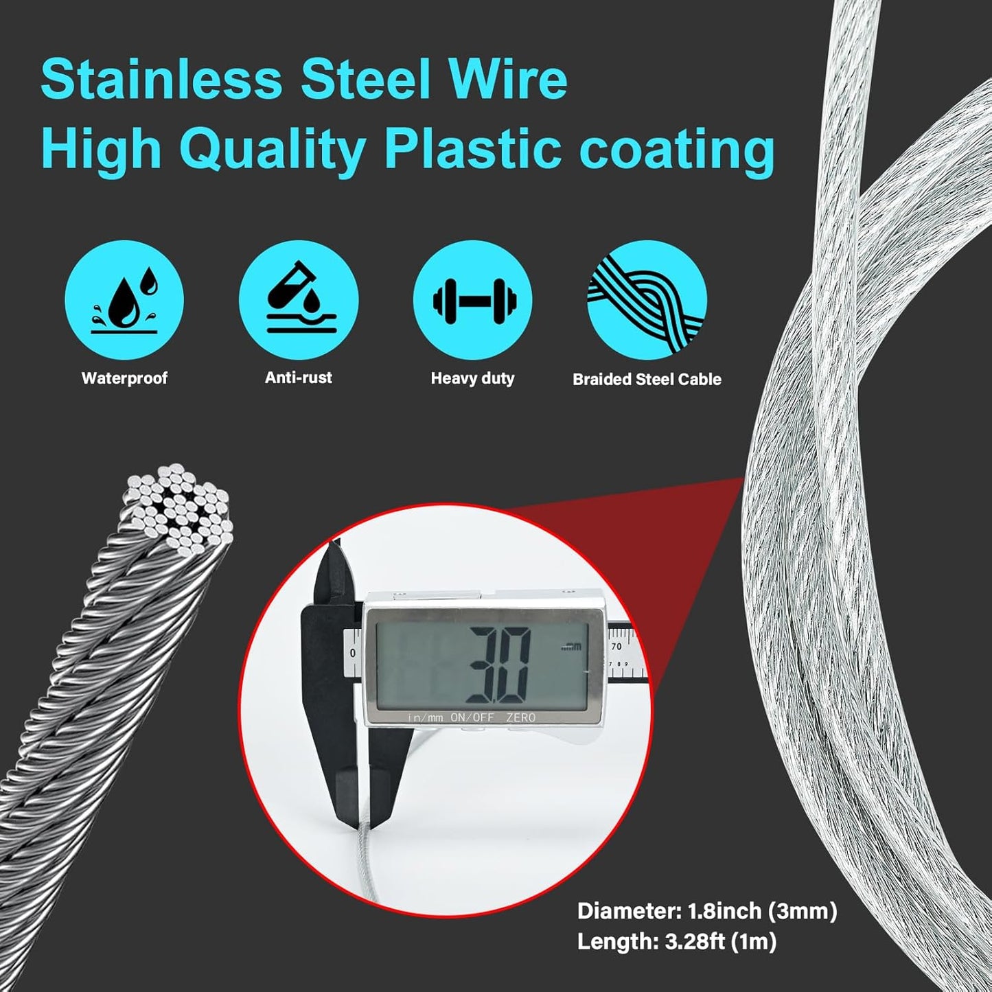 2 Pack Outdoor & Travel Security Cable with Loops, 3.3 ft x 1/8 in (1m x 3mm) Braided Safety Wire, Flexible Steel Safety Cable with Double Loops for Luggage, Outdoor Gear and Gates