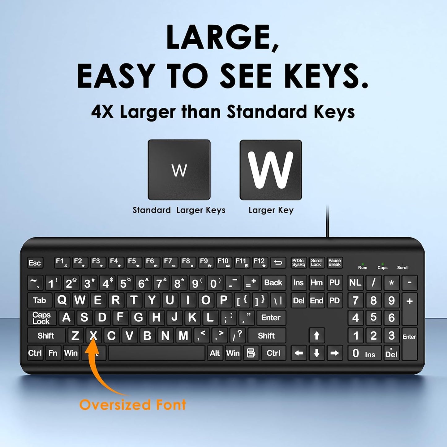 Large Print Computer Keyboard, Wired USB Full Size Quiet Keyboard with 4X Oversized Print Letters for Visually Impaired Low Vision Individuals Easy to See and Type for PC, Laptop,Windows