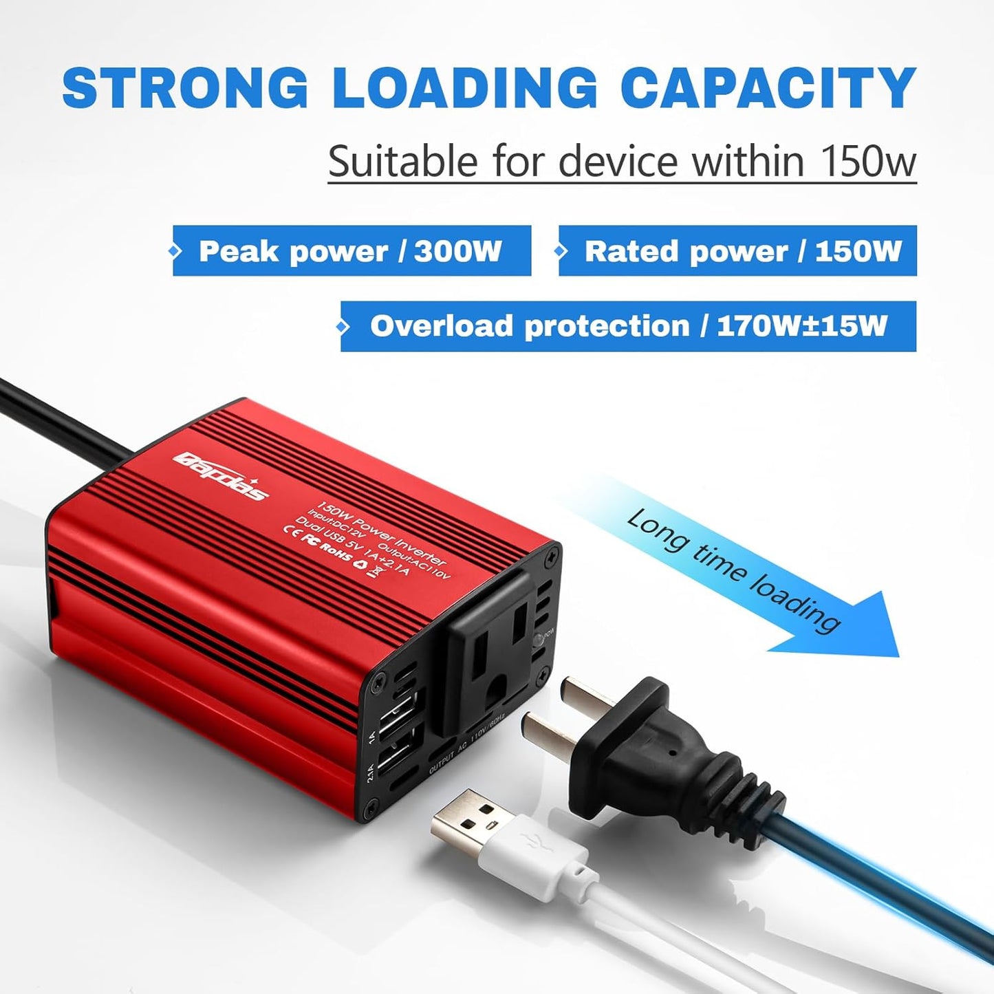 150W Power Inverter 12v to 110v Car Adapter Outlet to Wall Plug with 3.1A Dual USB Car Charger for Laptop Computer-Red