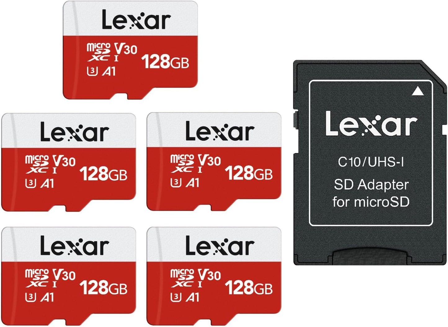 Lexar E-Series 128GB Micro SD Card 5 Pack, microSDXC UHS-I Flash Memory Card with Adapter, 100MB/s, C10, U3, A1, V30, Full HD, 4K UHD, High Speed TF Card