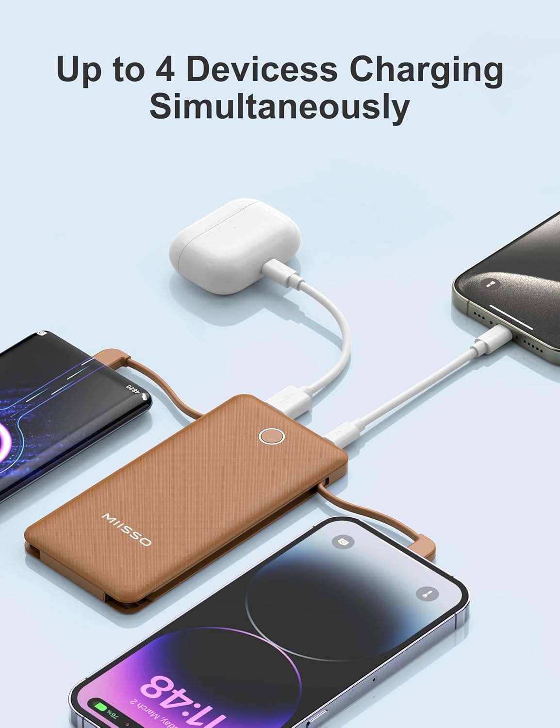 10000mAh Slim Portable Charger with Built in Cable, Power Bank Travel Charger External Battery Pack for Phone, 4 Output USB Type C Cord Clutch Charger Compatible with iPhone, Brown