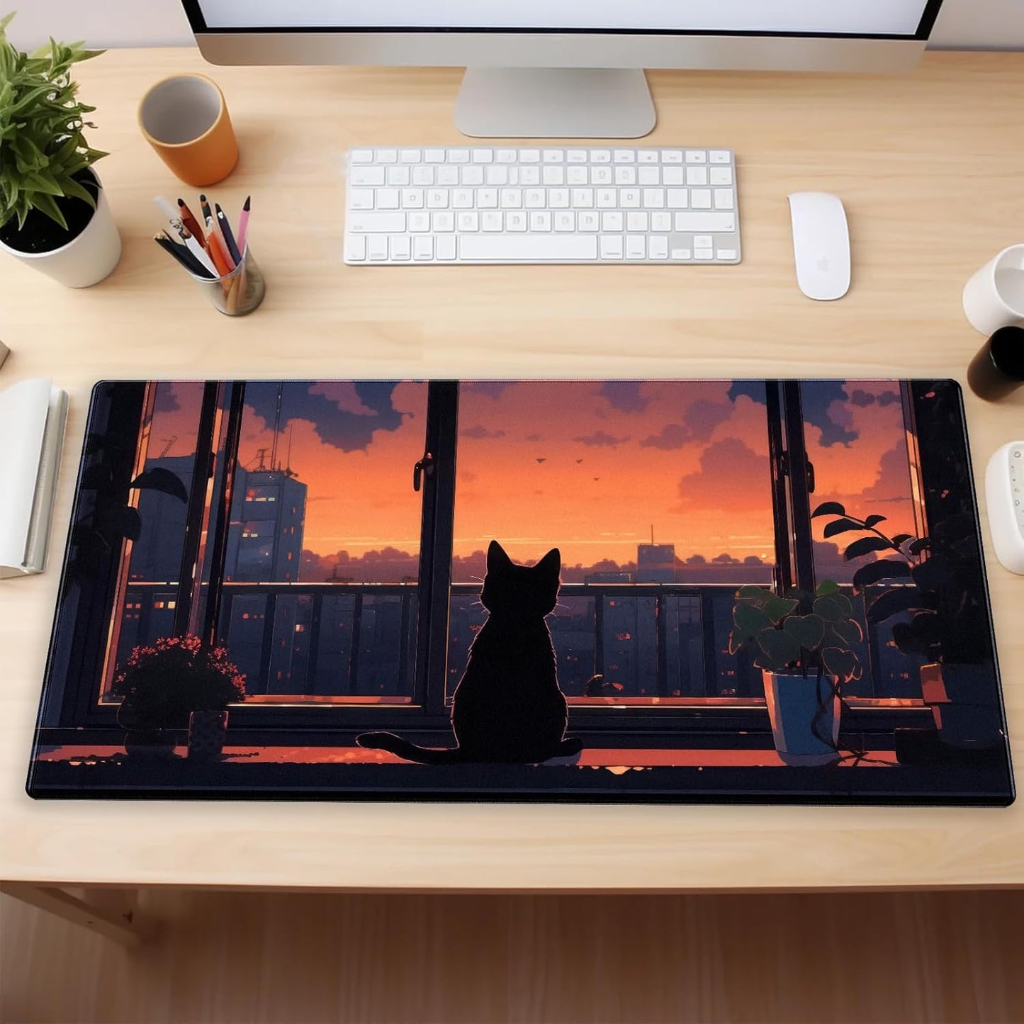 Lofi Aesthetic Desk Mat Cat Mouse pad Cute Orange Anime Mouse Pad Extra XL Large Gaming Mousepad for Desk 31.5''X15.7'' Laptop Computer Keyboard and Mouse Mat for Desk Decoration