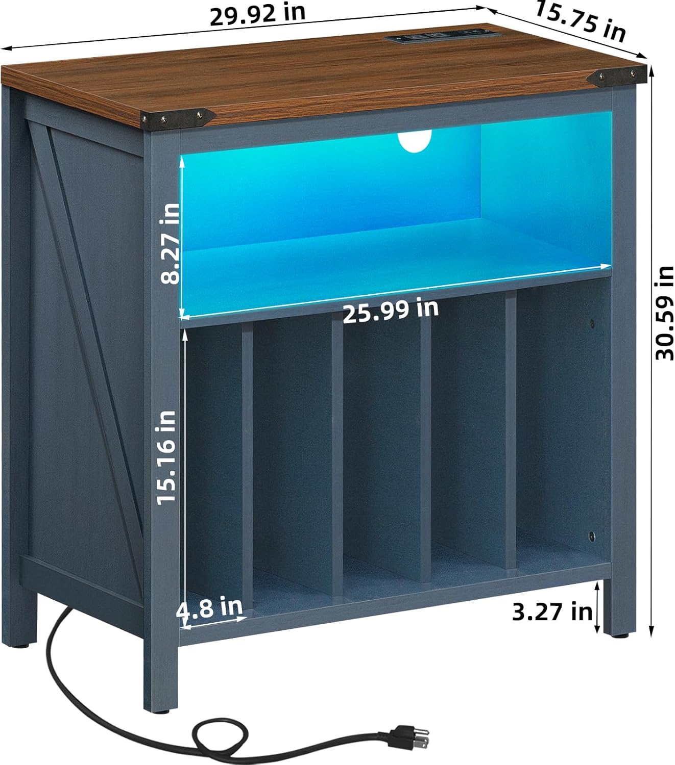 Large Record Player Stand with Charging Station & LED Lights, Vinyl Records Storage Holder Cabinet Holds up to 230 Albums, Turntable Stand for Music Room, Bedroom, Living Room, Office (Blue)