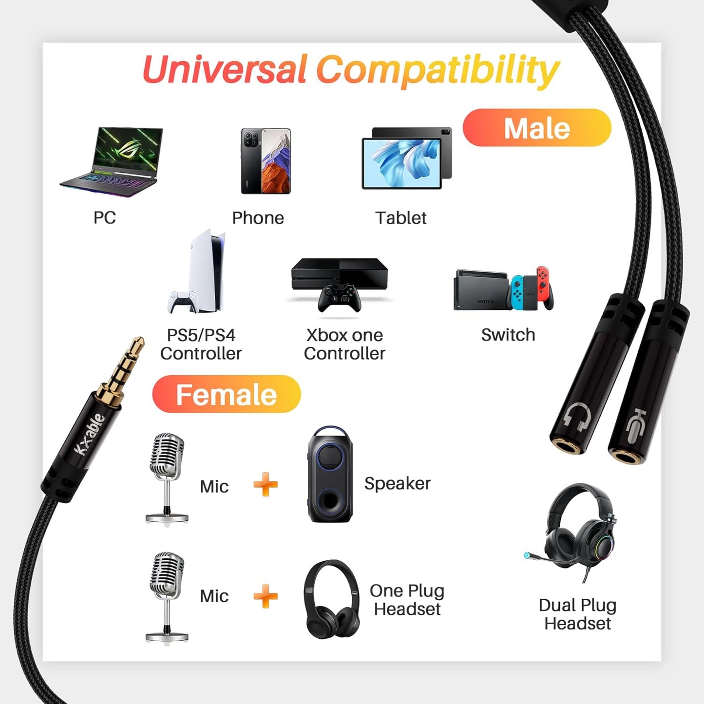 1/8inch Aux Headphone Splitter 2 Way Cable 6FT, 3.5mm 1 Male to 2 Female Mic and Audio Y TRRS Adapter, Compatible with Headset Earphone Switch 2/PS4/PS5 Steam Deck Xbox PC Laptop Phone Tablet Gaming