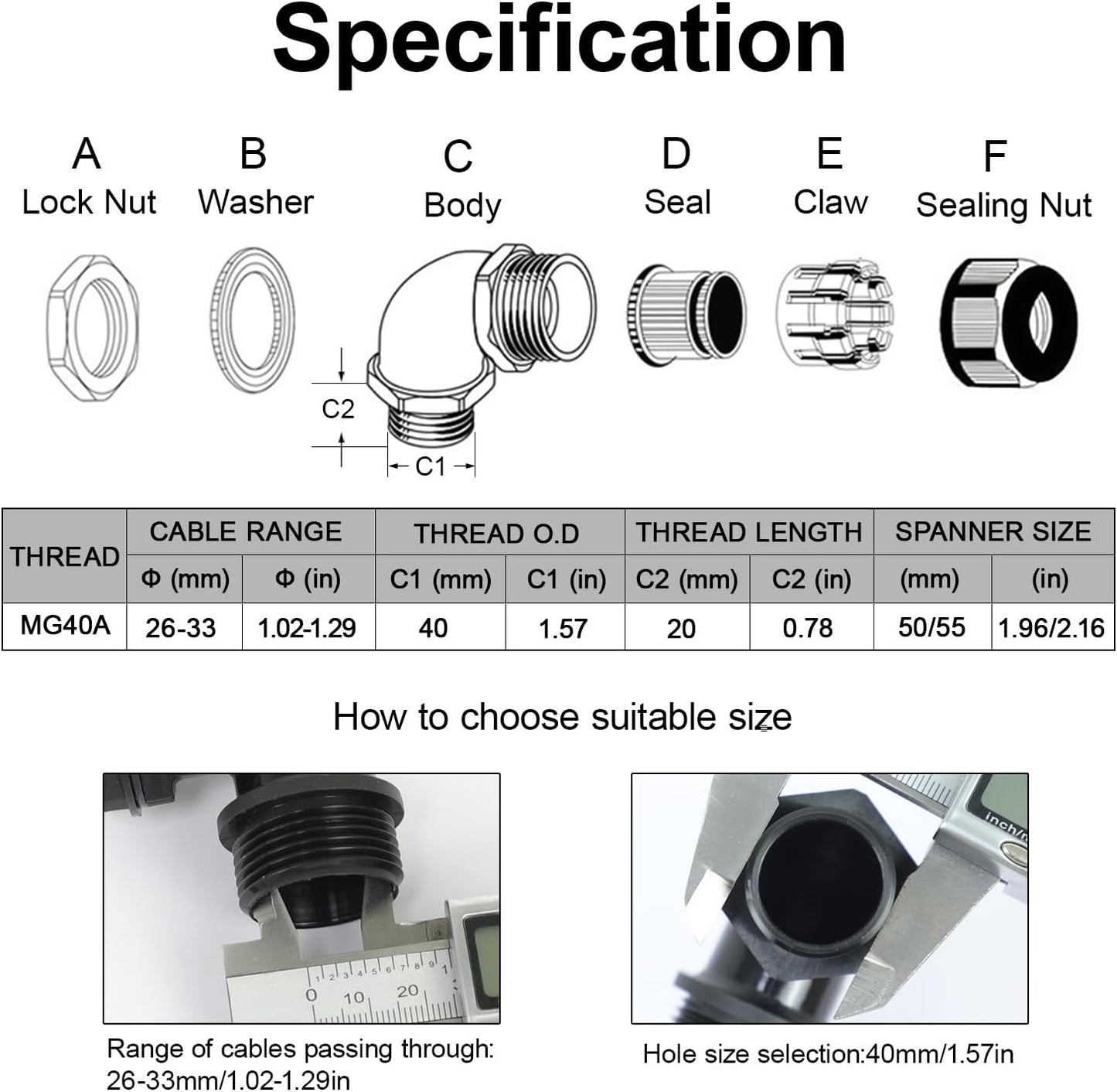 LeMotech M40 Cable Gland, 90 Degree Adjustable 26-33mm Cable Range Strain Relief, Cord Connectors Nylon Joints with Gaskets, 2 Pcs, Black