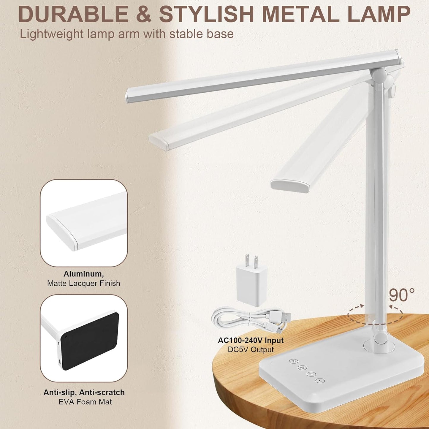 LED Desk Lamp with USB Charging Port Whole White for Home Office Essentials Table Lamp with Eye-Caring 4 Color Temperature Touch Control Stepless Dimming Desk Light for College Dorm