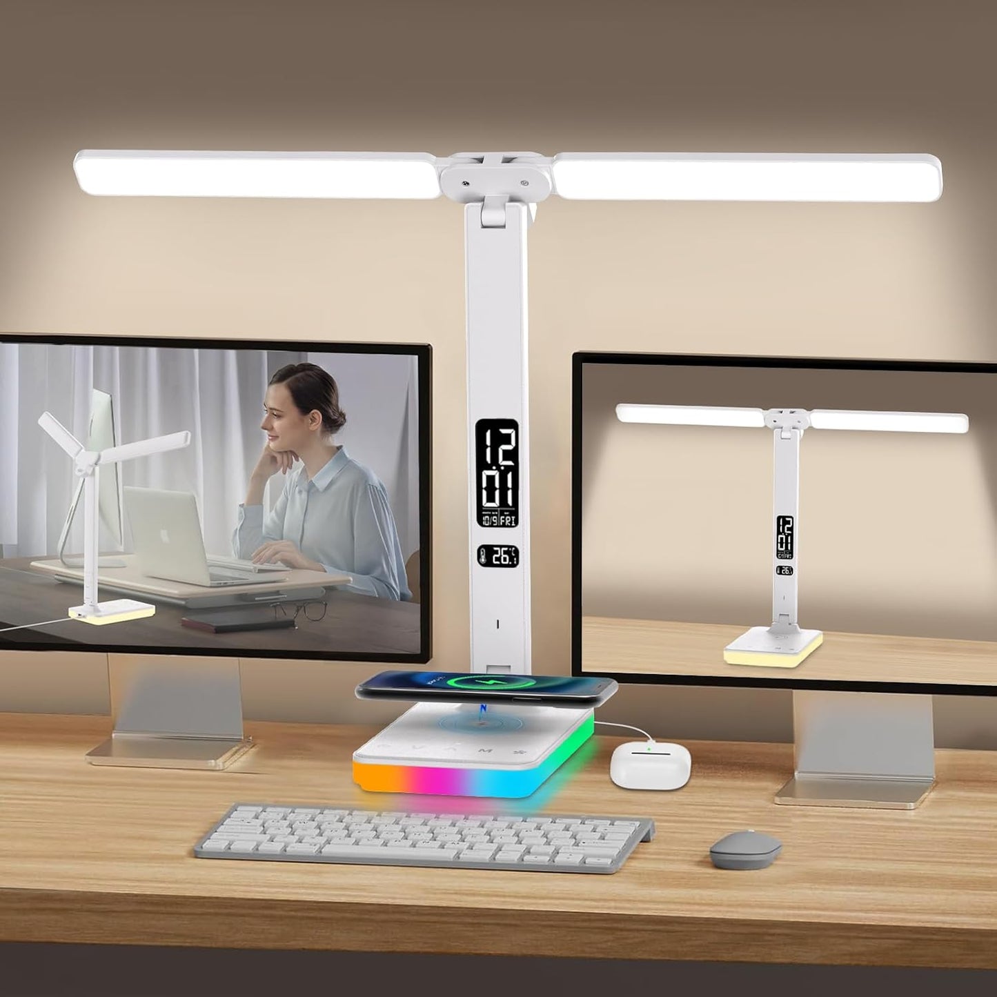 LED Desk Lamp with Charger, USB Charging Port, Dual Swing Arm Desk Light with 5 Brightness, 3 Colors, Table Lamp with Clock, Alarm, Date, Temperature, Desk Lamp for Home Office Study (White)
