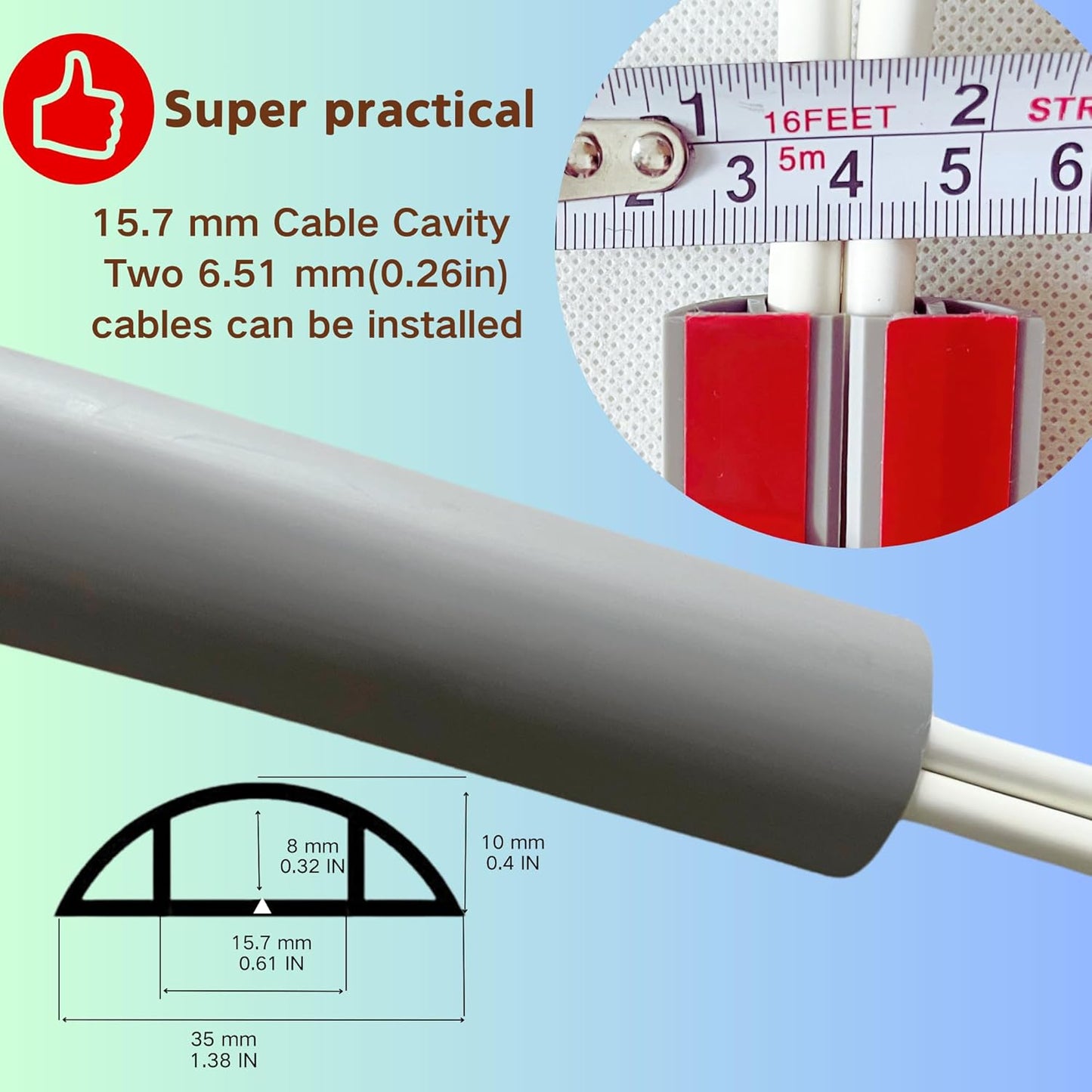 10ft Floor Cord Cover Self Adhesive Cord Hider Floor, Heavy Duty Cable Protector, Hide Extension Cords, Cable Management Hide Cords on Floor, Cable Cavity:0.61"(W) x 0.32"(H) Gray