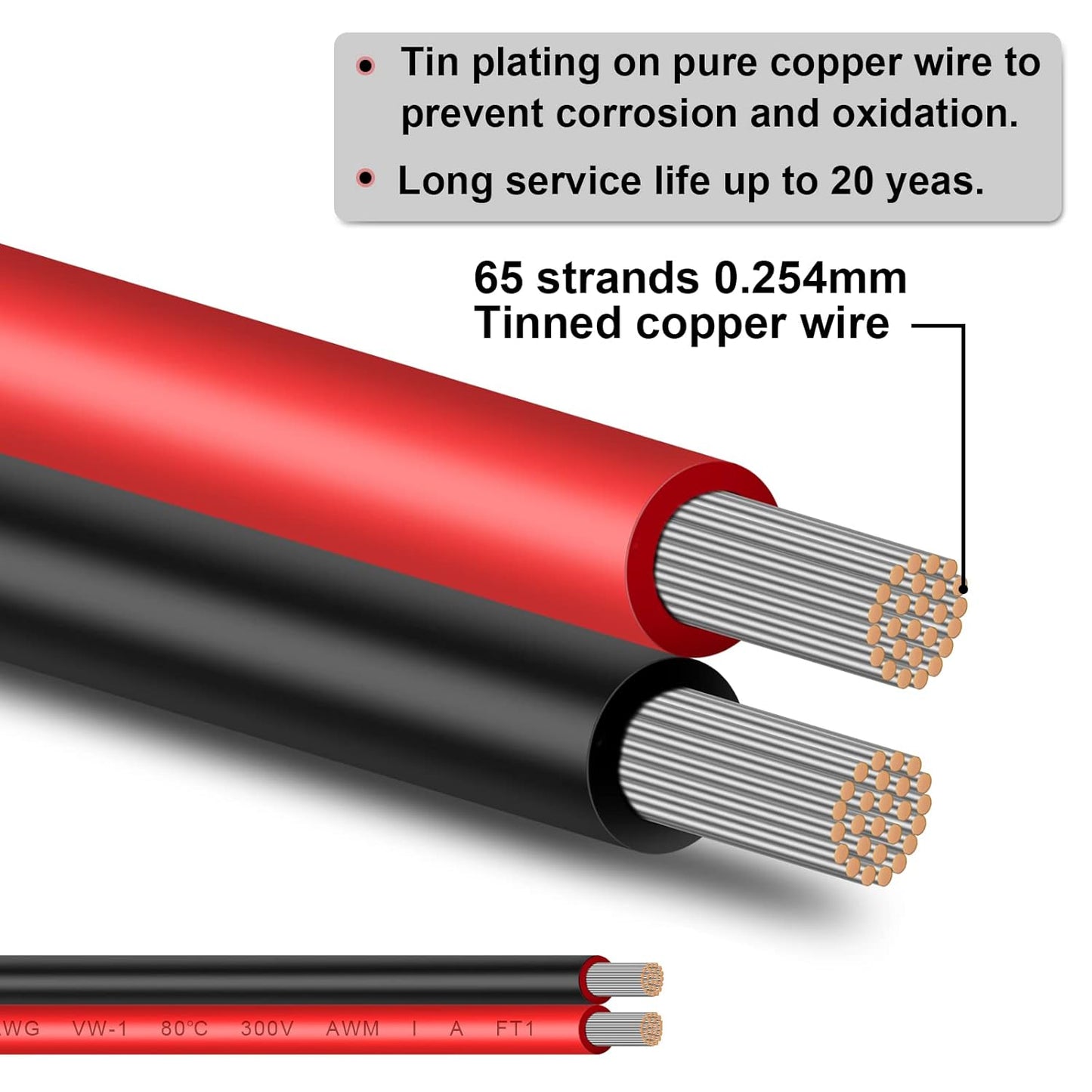 12AWG Tinned Copper Electrical Wire - 50FT, 2 Conductor Parallel, Black, PVC Insulated, Solar Panel, LED, Automotive, RV, Inverter Compatible