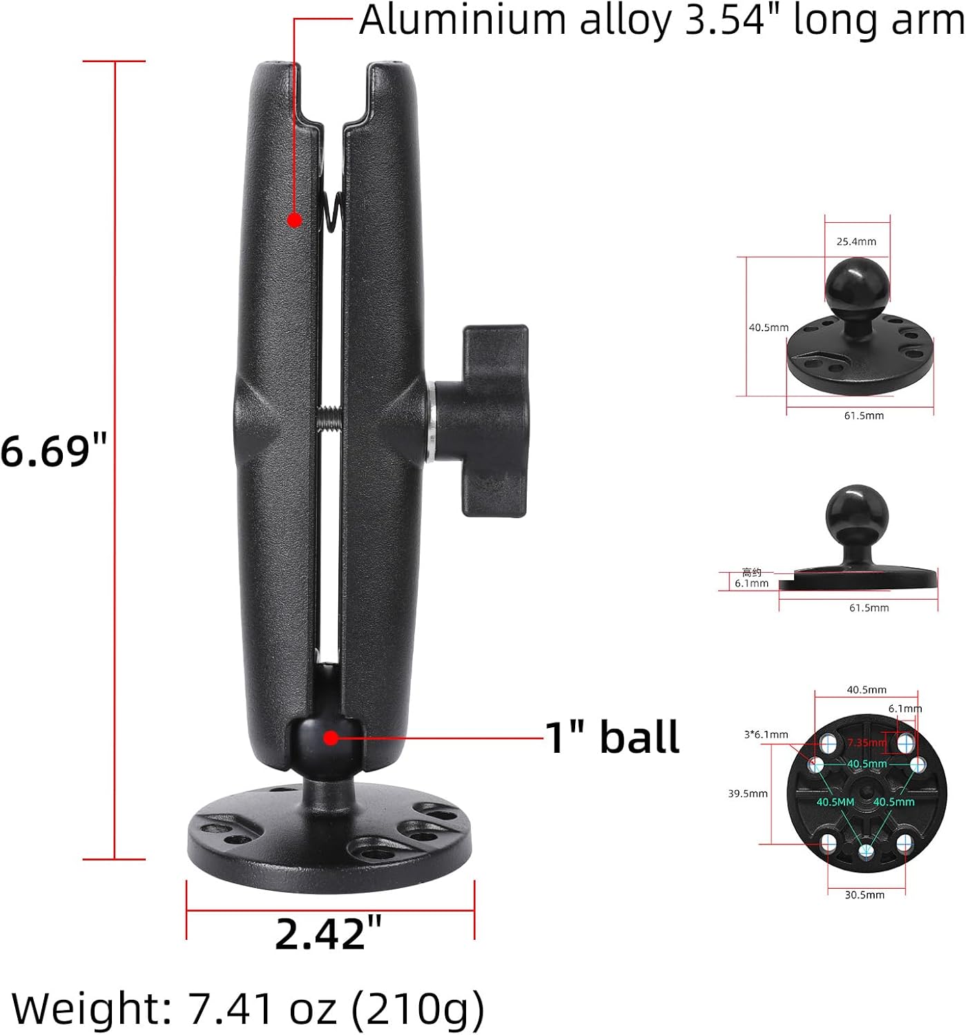 1" Ball Double Socket Arm with AMPS Hole Round Plate Base, Aluminum Alloy Arm&Drill Base, Compatible with RAM Mounts 1 Inch Ball Components, for Bike Car Motorcycle Phone Mount (6.69" Length)