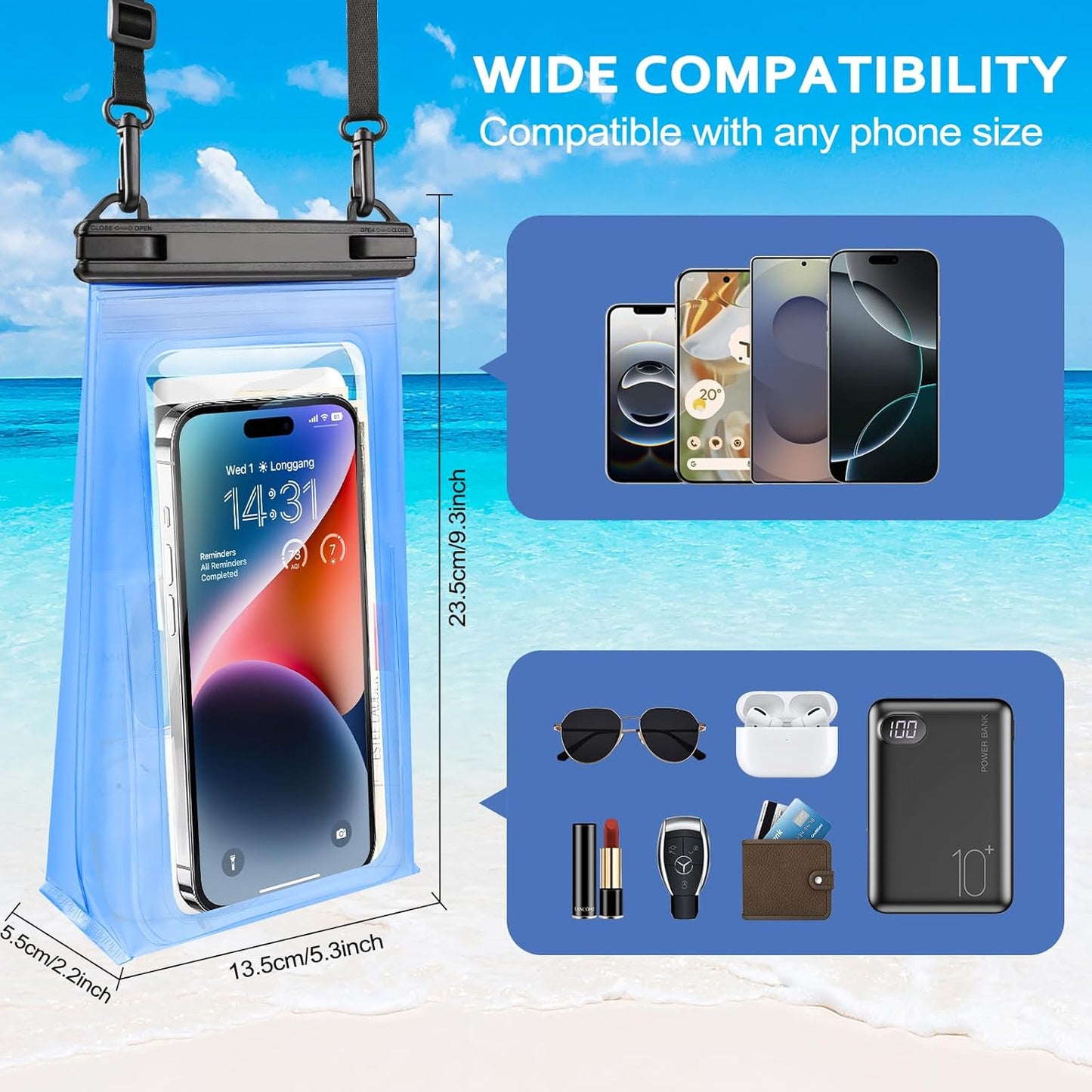 Large Waterproof Phone Pouch, [Expandable Space] Floating Waterproof Bag, IPX8 Dry Bag with Adjustable Lanyard for iPhone Samsung Google Up to 7.0" Blue