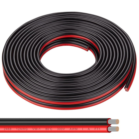 12AWG 2 Conductor Parallel Tinned Copper Wire - 20FT, Black, PVC Insulated, Solar Panel, LED, Automotive, RV, Inverter Compatible