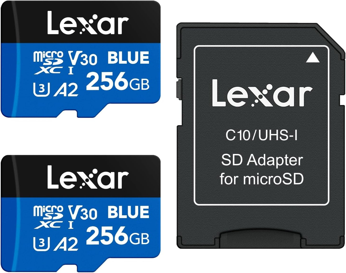 Lexar 256GB 2 Pack Blue Micro SD Card Up to 160MB/s, microSDXC UHS-I Memory Card with SD Adapter, C10, U3, A2, V30, Full HD, 4K UHD, High Speed TF Card
