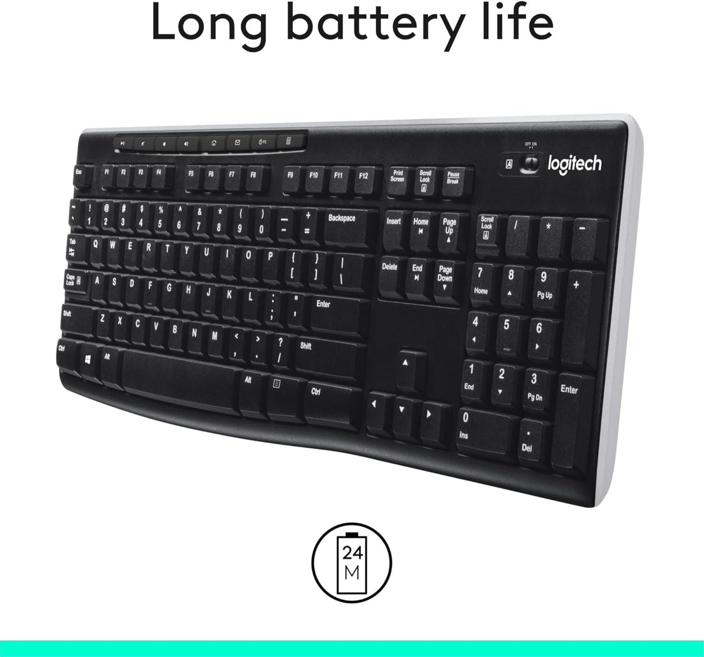 Logitech K270 Wireless Keyboard for Windows, 2.4 GHz Wireless, Full-Size, Number Pad, 8 Multimedia Keys, 2-Year Battery Life, Compatible with PC, Laptop, Black