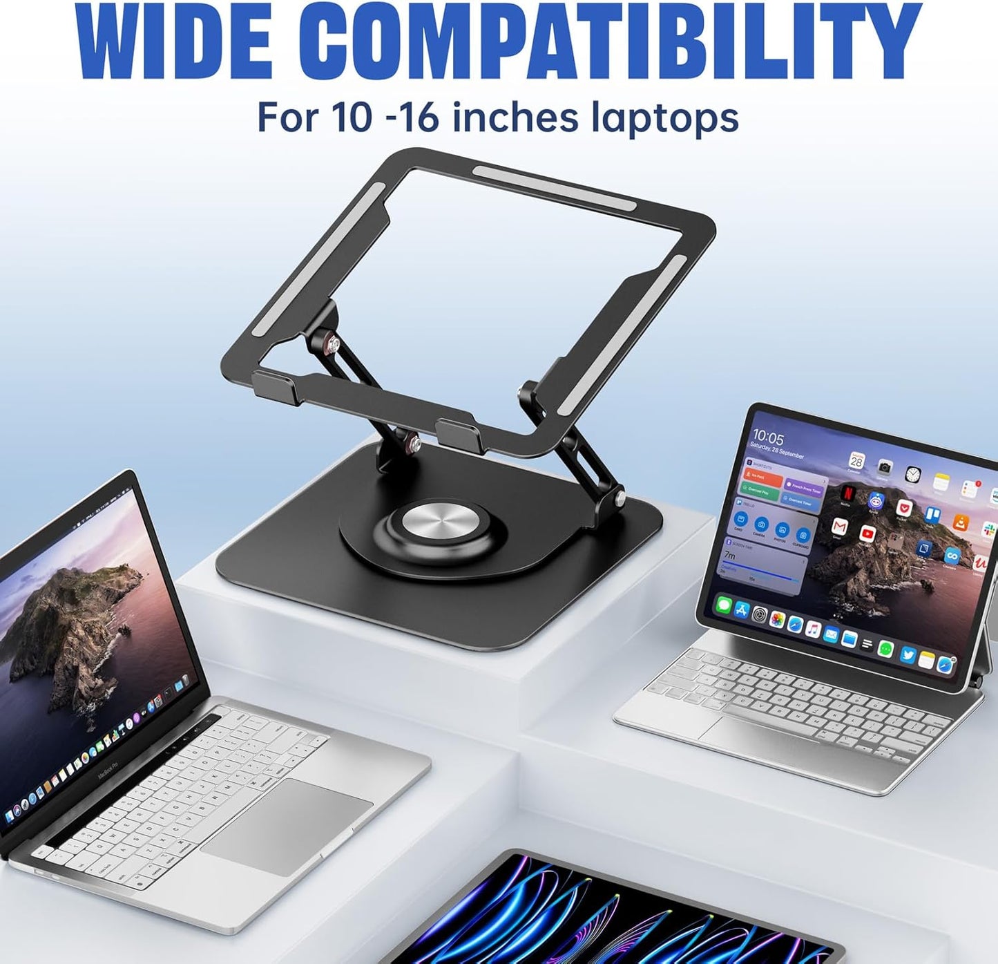 Laptop Stand for Desk, Adjustable Computer Stand with 360° Rotating Base, Ergonomic Laptop Riser for Collaborative Work, Foldable & Portable Laptop Stand, fits for All 10-16" Laptops