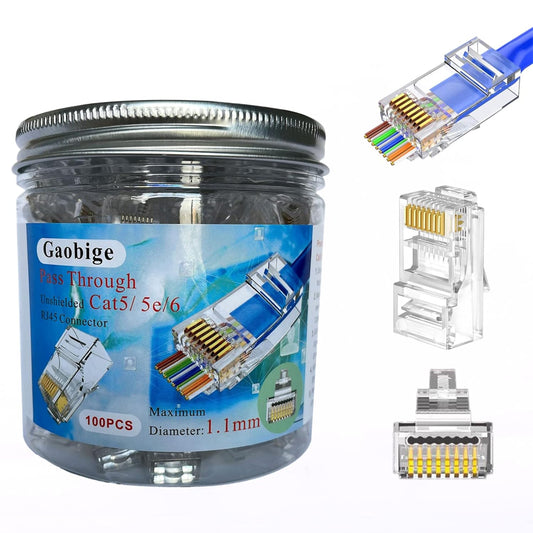 100-PACK Cat5 Cat5e Cat6 RJ45 Pass Through Connectors Ends, 1.1mm Unshielded Connectors for Solid Wire and Standard Cable