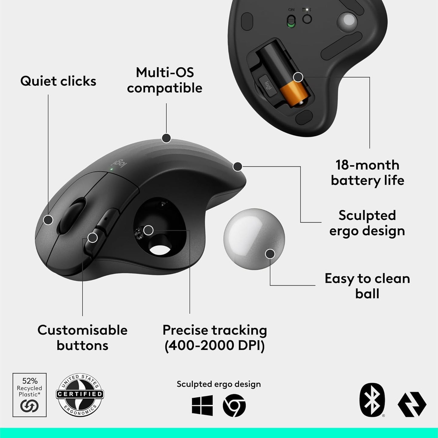Logitech Ergo M575S Wireless Trackball Mouse, Wireless Ergonomic Mouse with Bluetooth and Encrypted Dongle, Comfortable Thumb Control, Precise and Smooth Tracking, for PC/Mac - Black Silver Ball