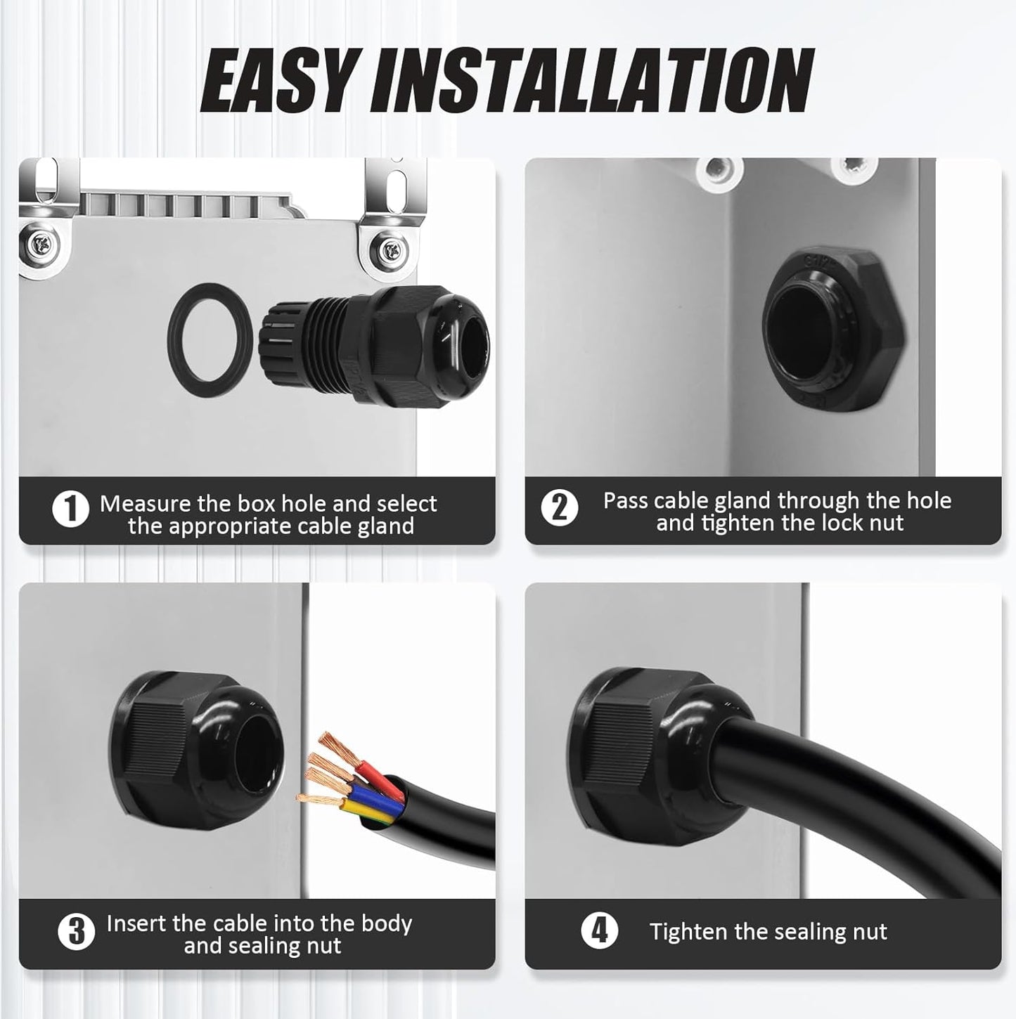 12 Pcs 3/4" NPT Nylon Cable Glands, Black Strain Relief Cable Cord Connector IP68 Waterproof Junction Box Wire Protectors Adjustable for 13-18mm Cable Diameter