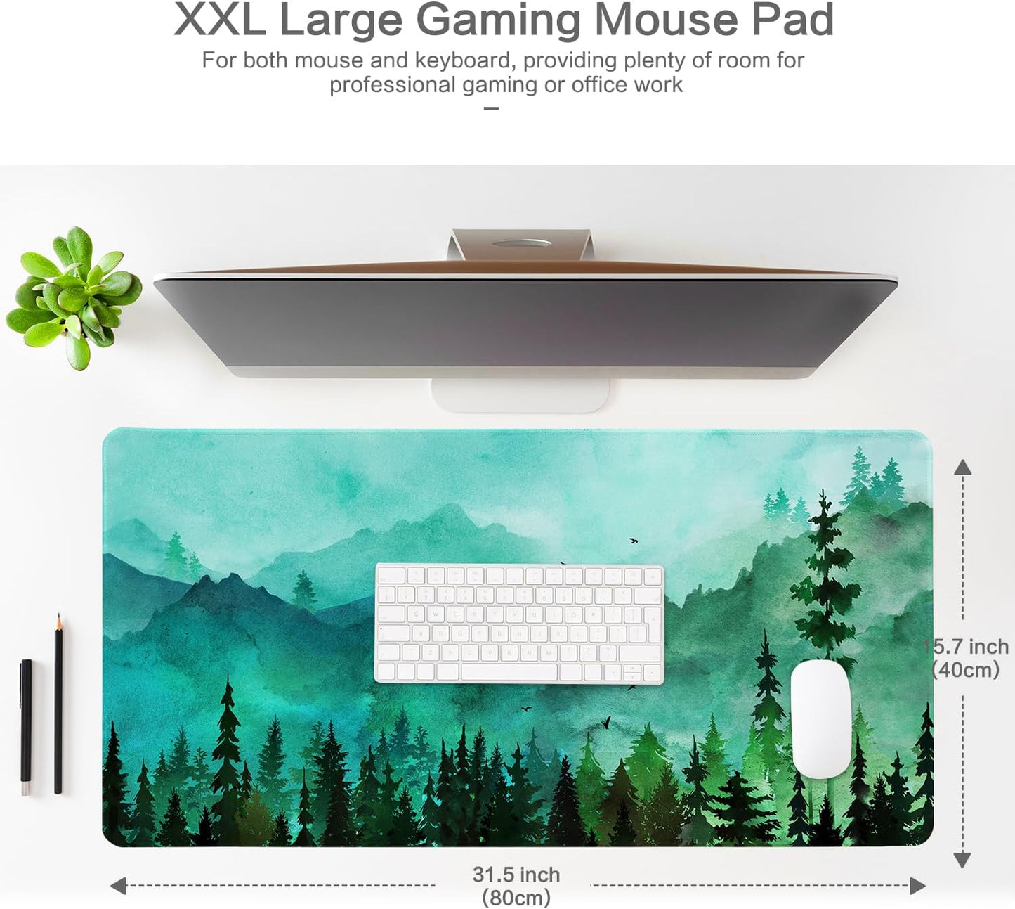 Lokigo Green Forest Mouse Pad, Waterproof Extended Large Gaming Mousepad with Non-Slip Rubber Base Stitched Edges Desk Pad Keyboard Writing Desk Mat Office Home Study 31.5"x15.7", Mountain