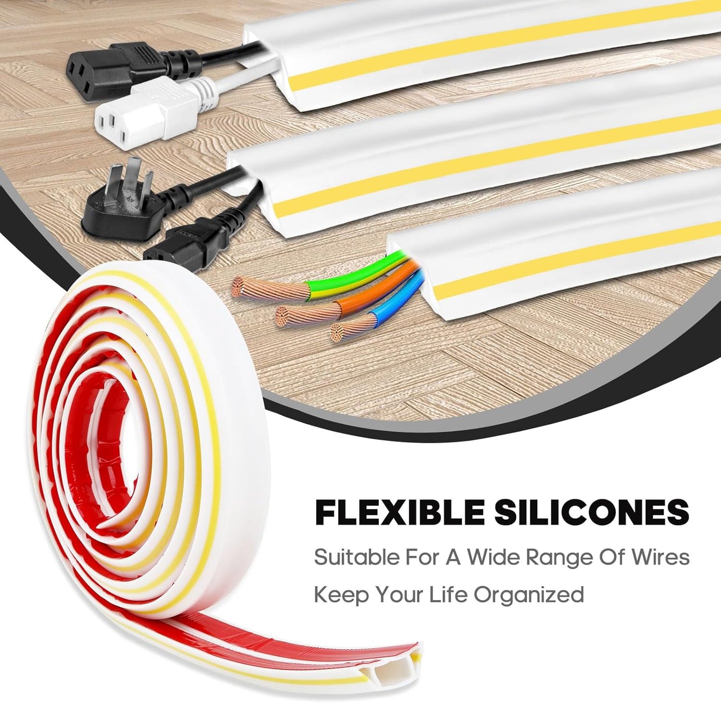 10ft Large White Floor Cord Cover, Self-2" (W) x 0.6"(H), Cable Cavity:0.8"(W) x 0.4"(H), Adhesive Power Cable Protector, Silicone Cord Protector, Cord Management, Cord Concealer and Cable Hider