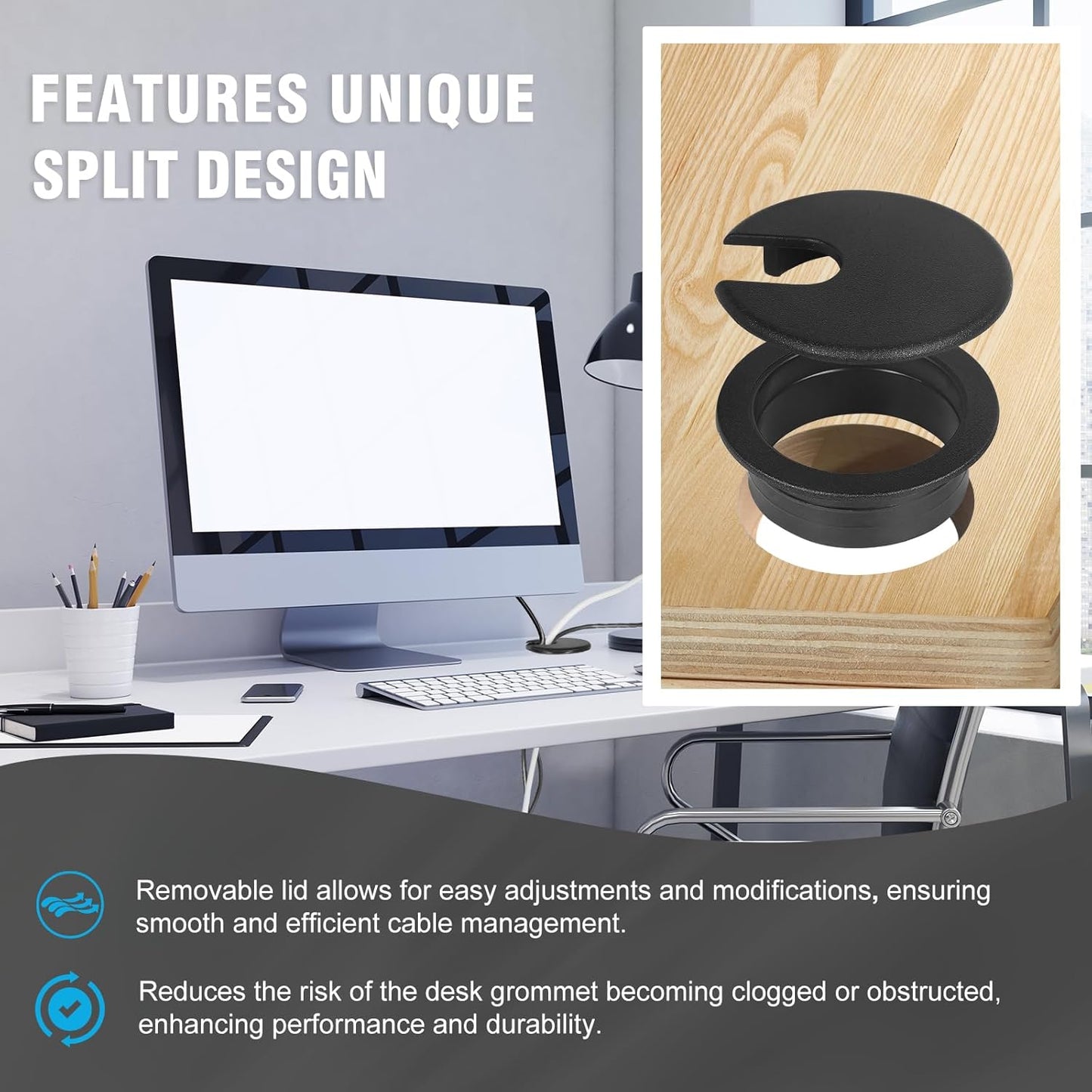 1-3/8" Black Desk Grommet with Bi-Metal Hole Saw, JTemgle Plastic Cable Hole Cover Computer Table Cord Wire Organizer Caps, Desktop Cord Management for Home Office TV Stands Tabletops, 13 Pieces