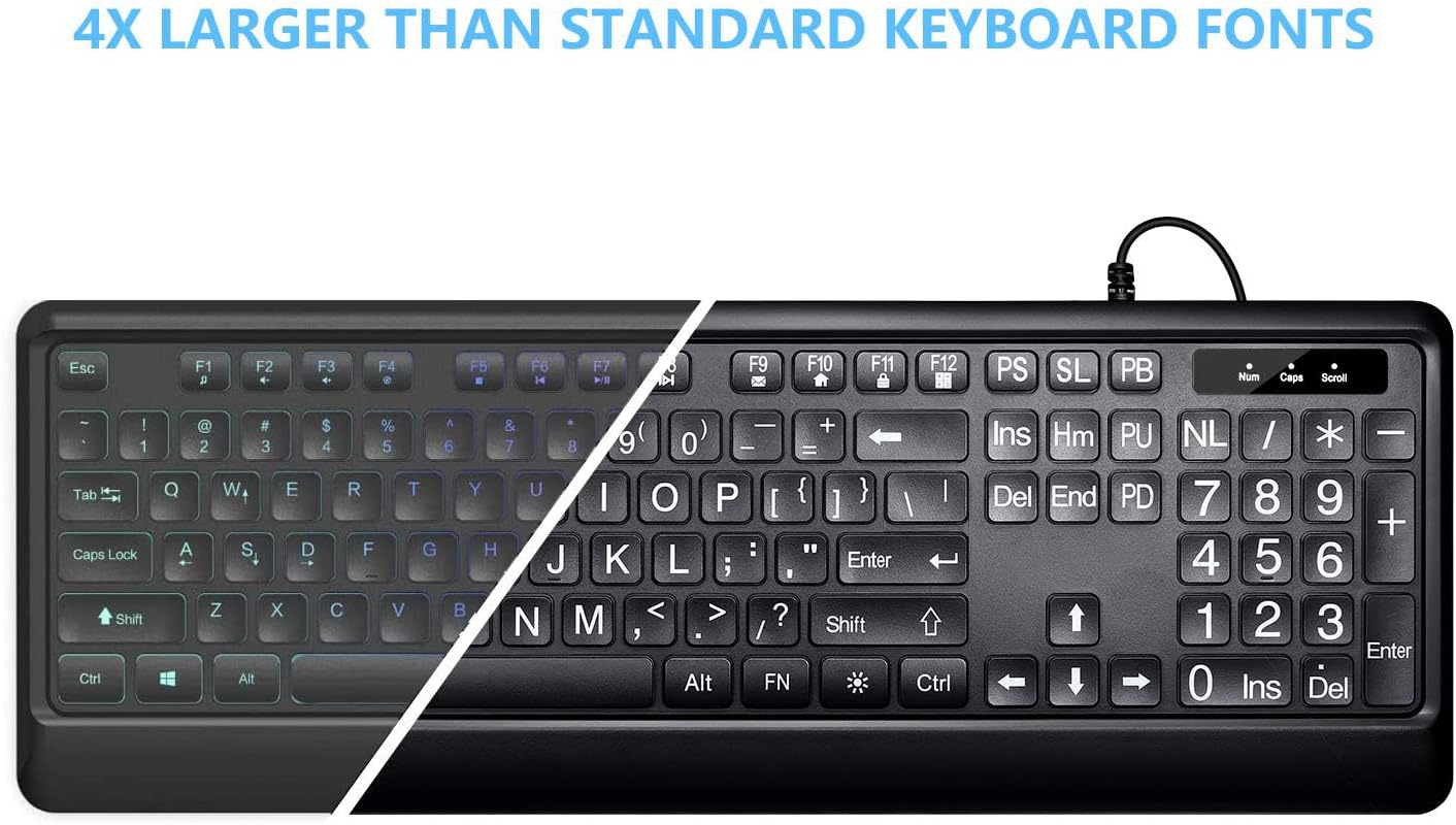 Large Print Backlit Keyboard, USB Wired Computer Keyboard, Full Size Keyboard with White Illuminated LED Compatible for Windows Desktop, Laptop, PC, Gaming, Black